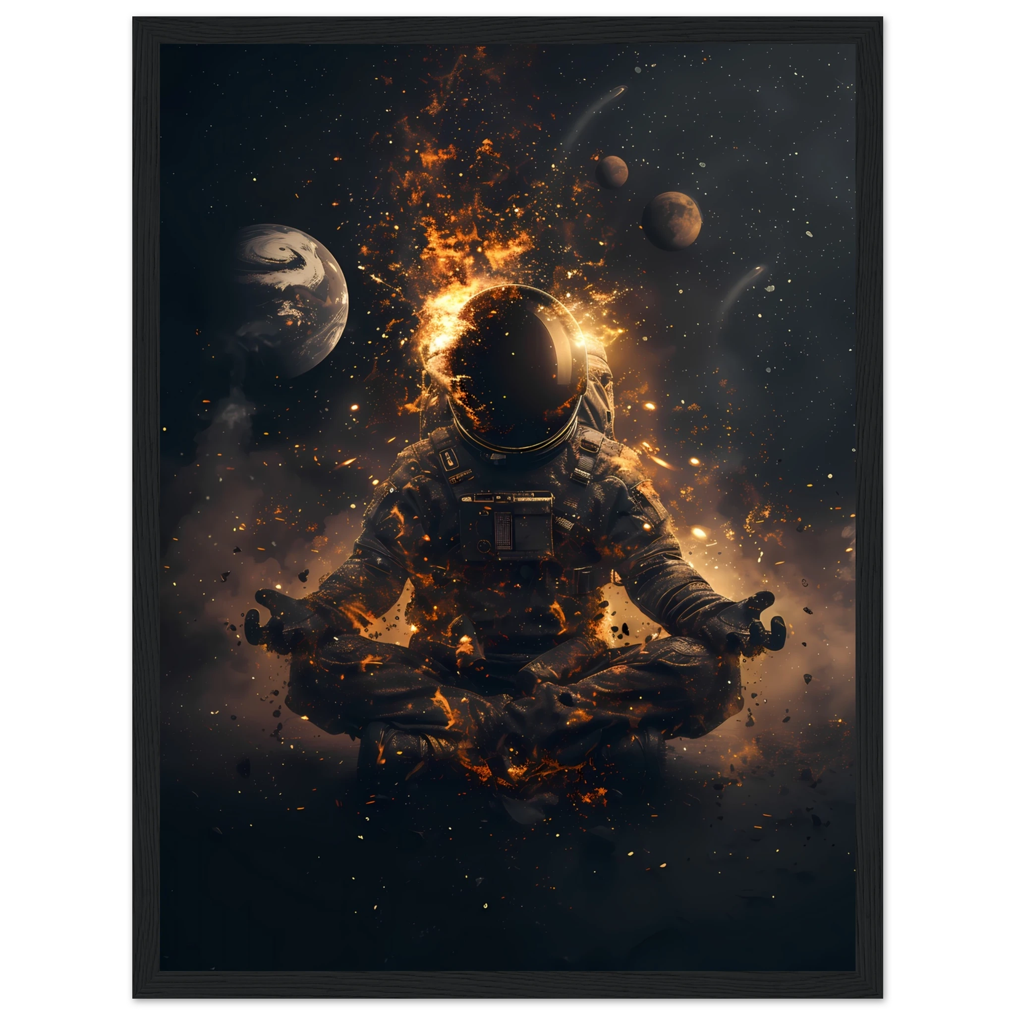 Meditating astronaut above a radiant mandala with galaxies and planets — premium cosmic zen wall print for modern UK interiors.