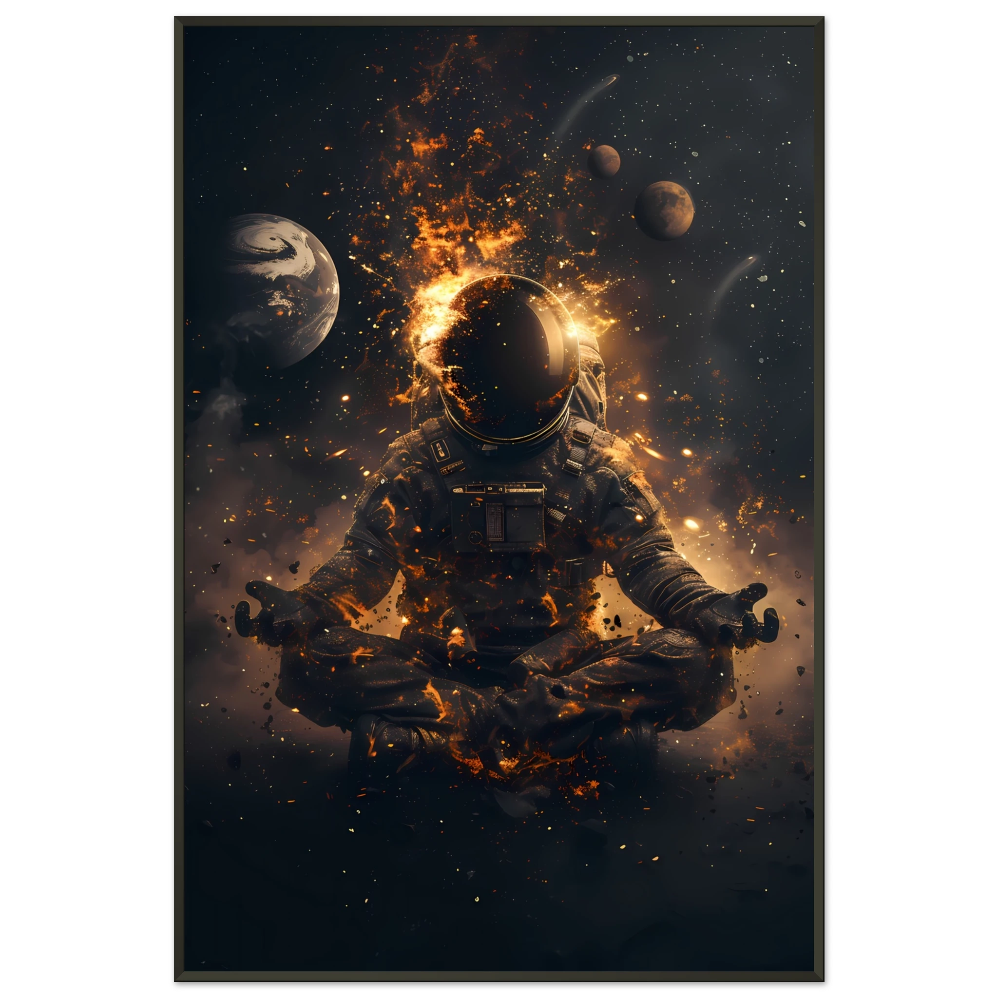 Meditating astronaut above a radiant mandala with galaxies and planets — premium cosmic zen wall print for modern UK interiors.