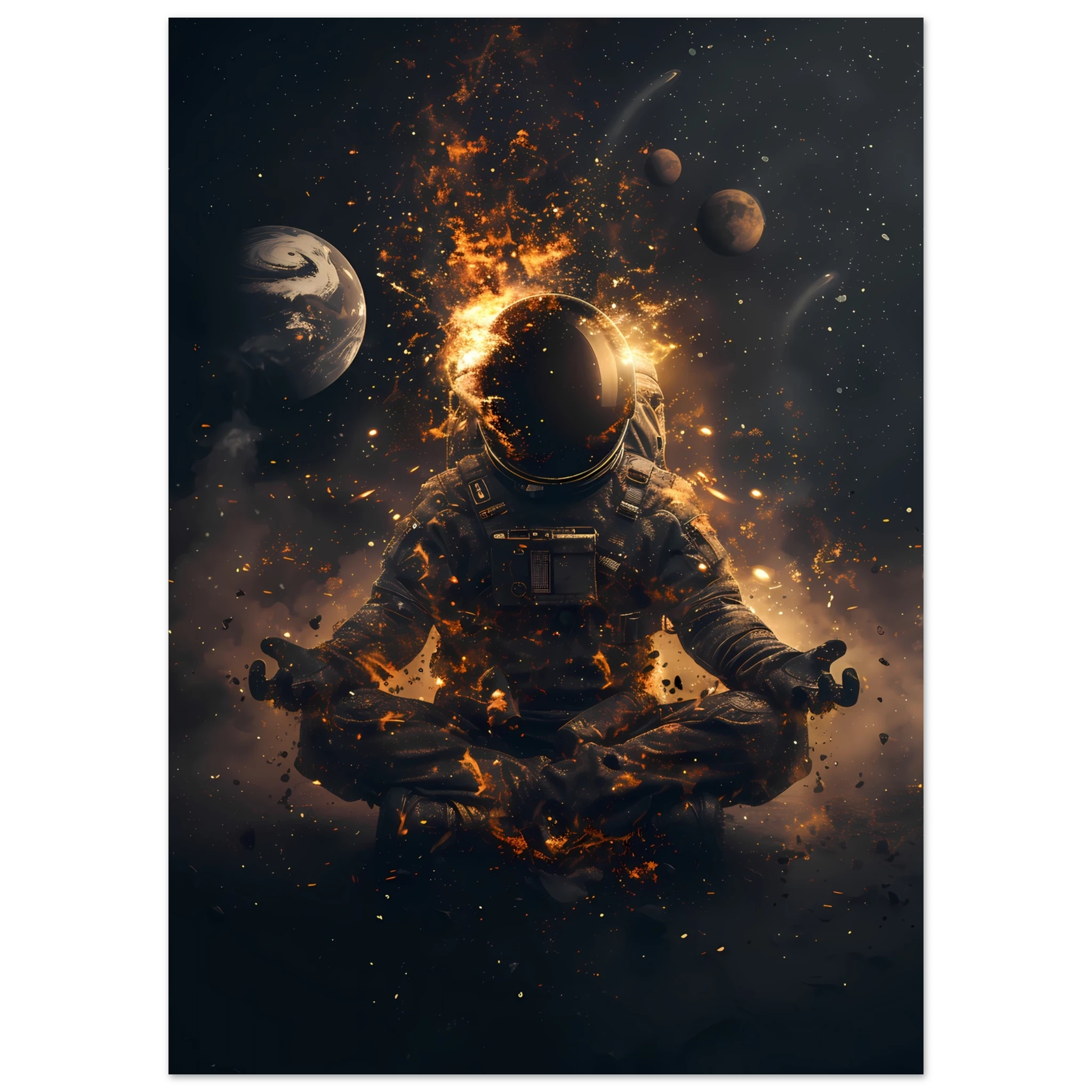 Meditating astronaut above a radiant mandala with galaxies and planets — premium cosmic zen wall print for modern UK interiors.
