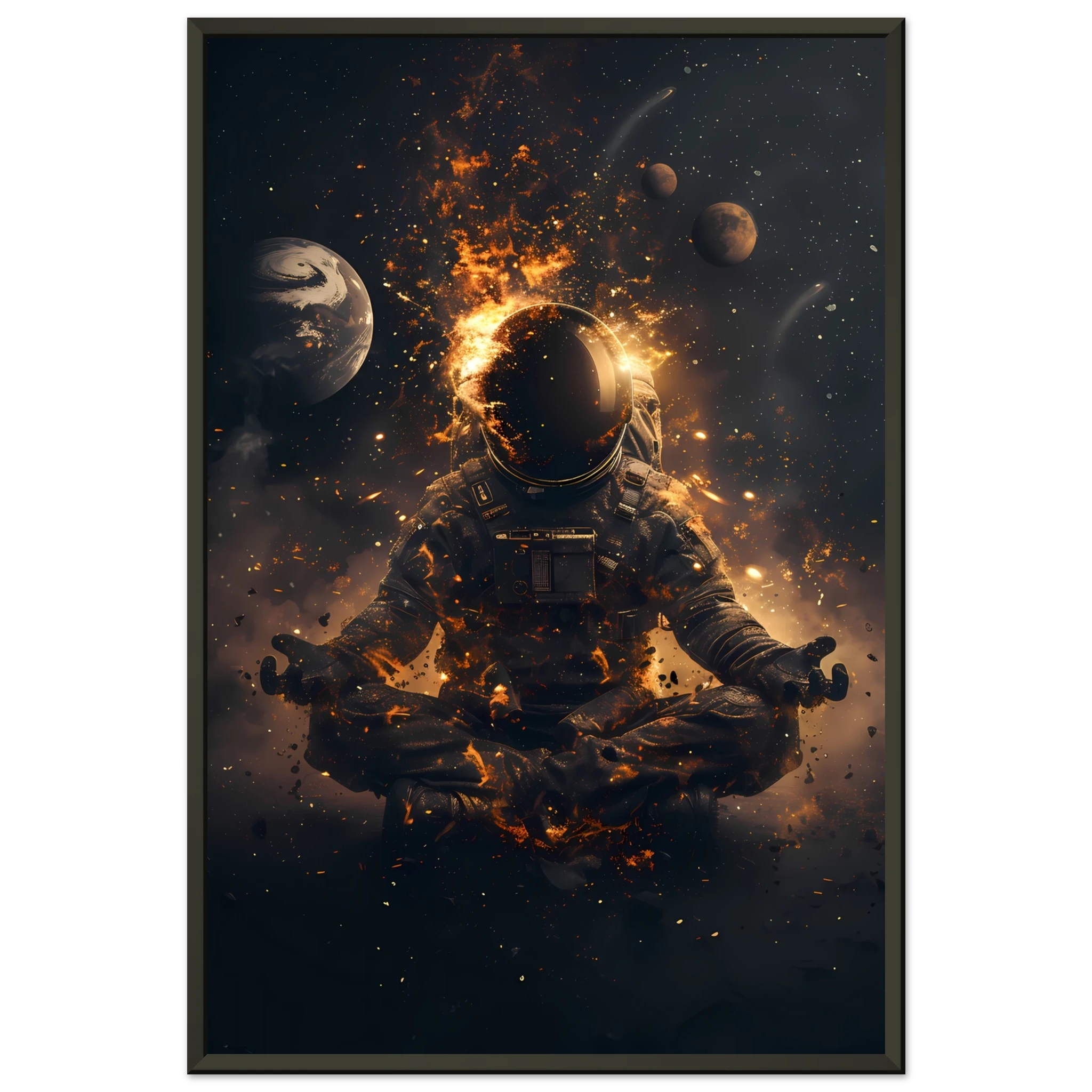 Meditating astronaut above a radiant mandala with galaxies and planets — premium cosmic zen wall print for modern UK interiors.