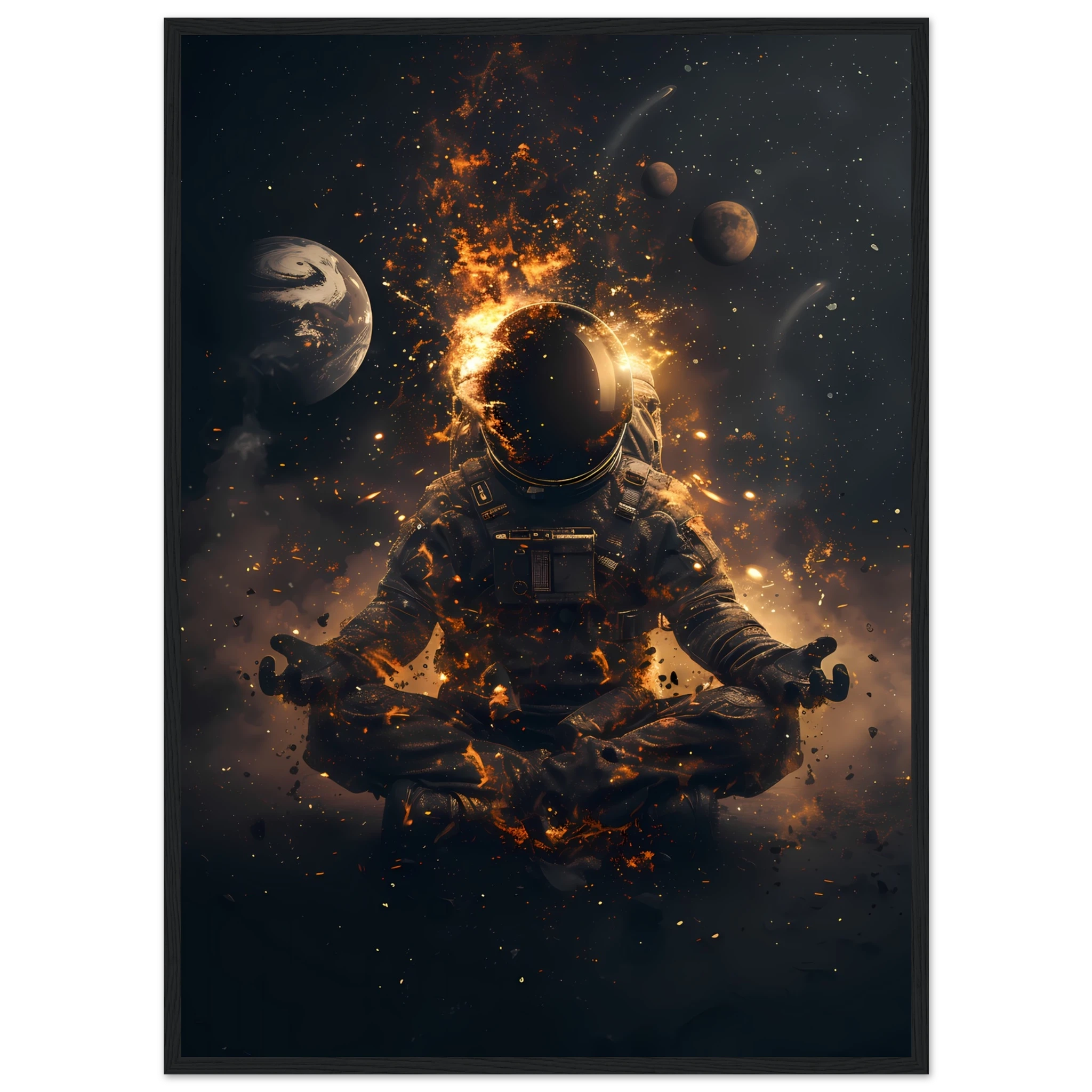 Meditating astronaut above a radiant mandala with galaxies and planets — premium cosmic zen wall print for modern UK interiors.