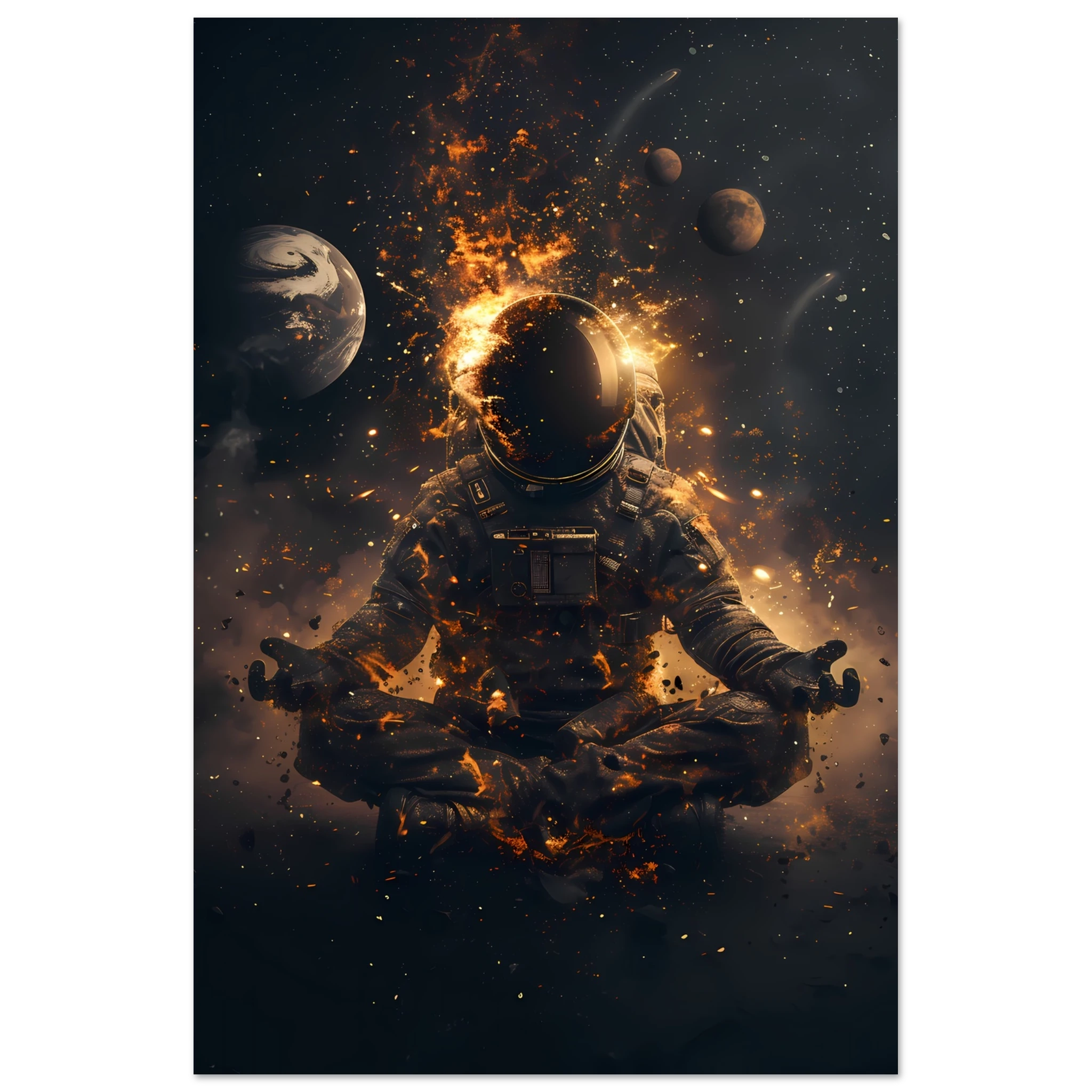 Meditating astronaut above a radiant mandala with galaxies and planets — premium cosmic zen wall print for modern UK interiors.