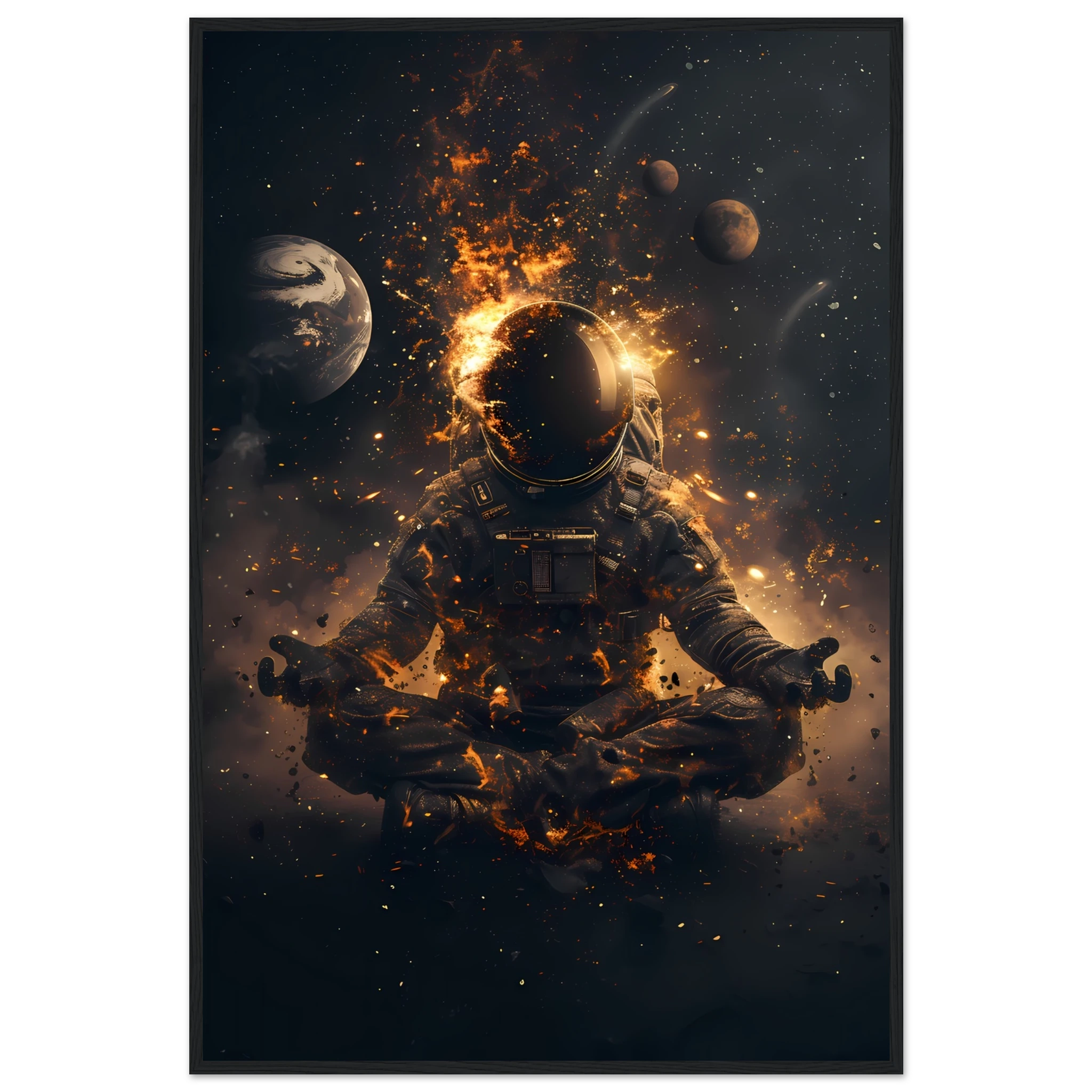 Meditating astronaut above a radiant mandala with galaxies and planets — premium cosmic zen wall print for modern UK interiors.