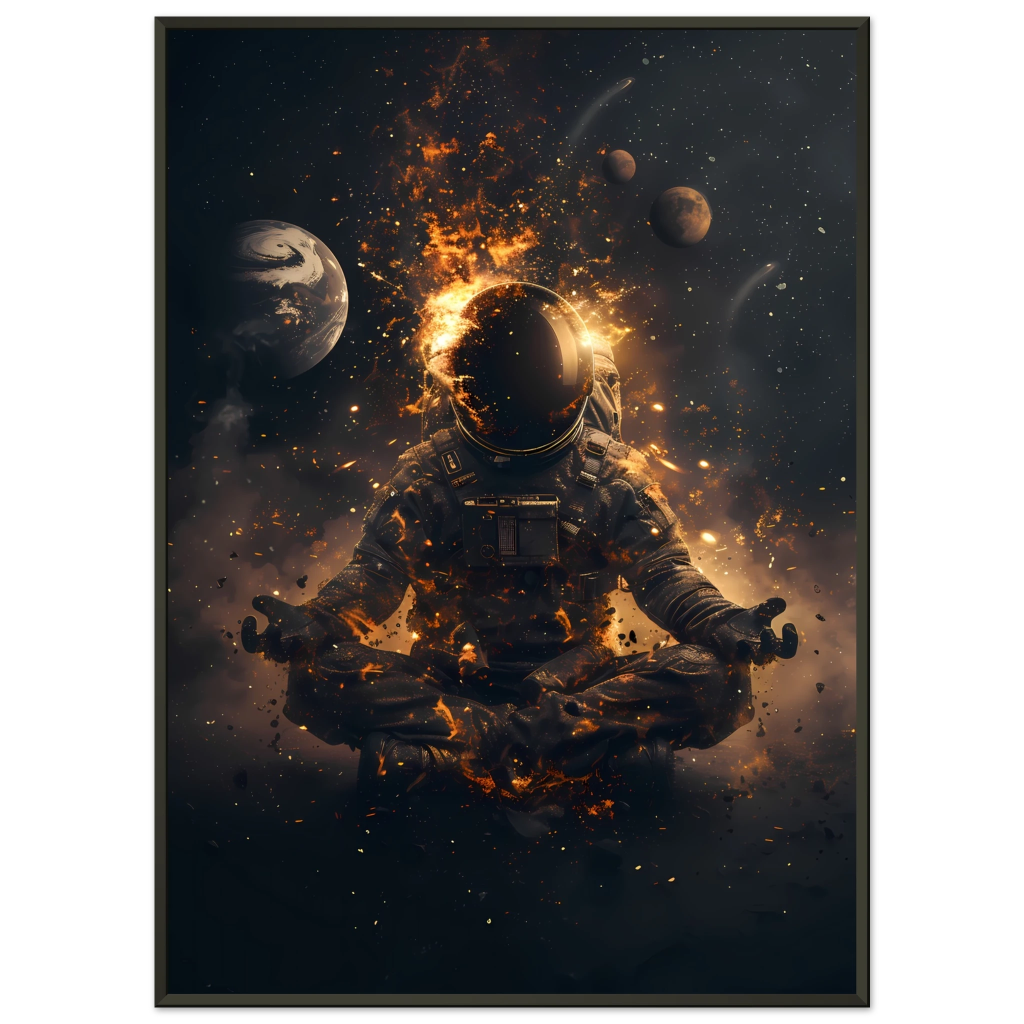 Meditating astronaut above a radiant mandala with galaxies and planets — premium cosmic zen wall print for modern UK interiors.