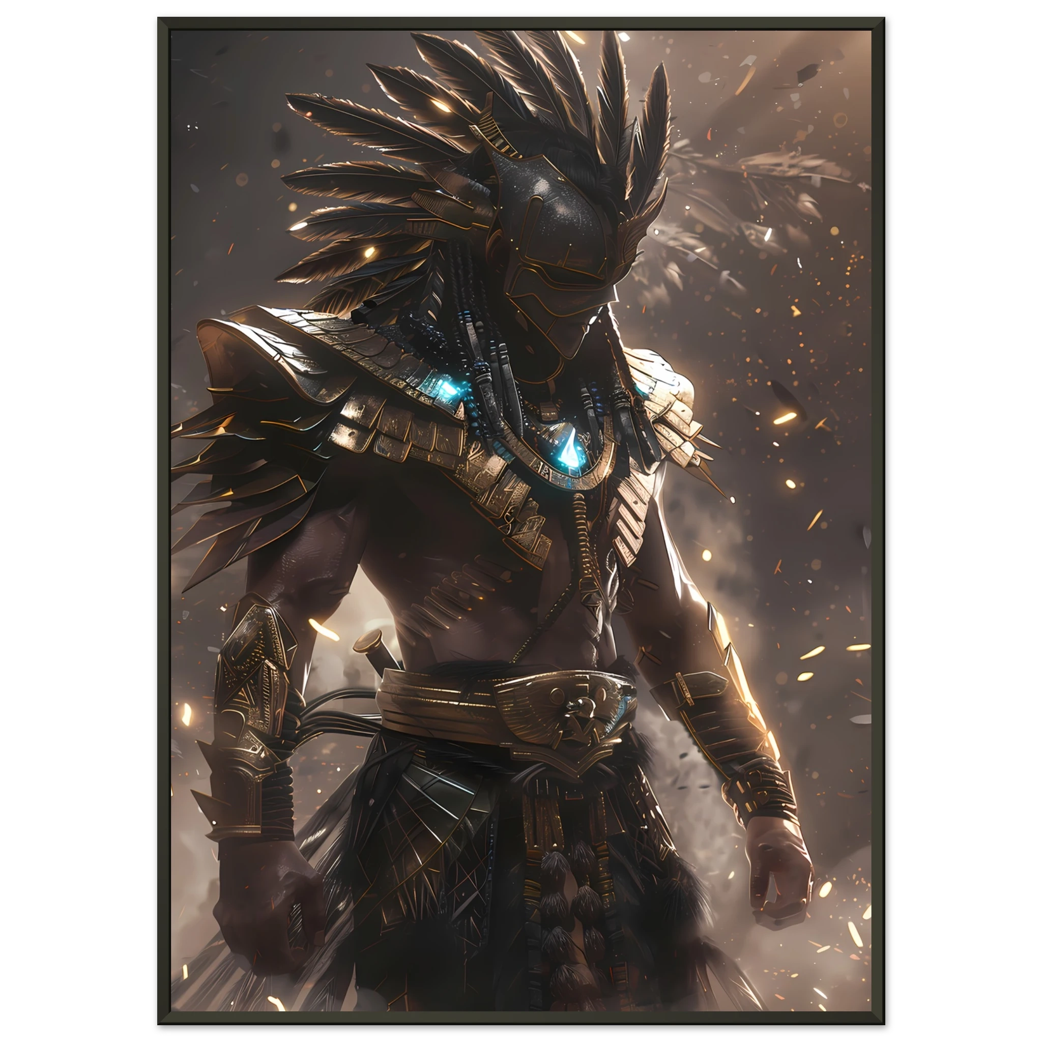 Aztec warrior glowing with neon cyber armour — cultural futurism art print.