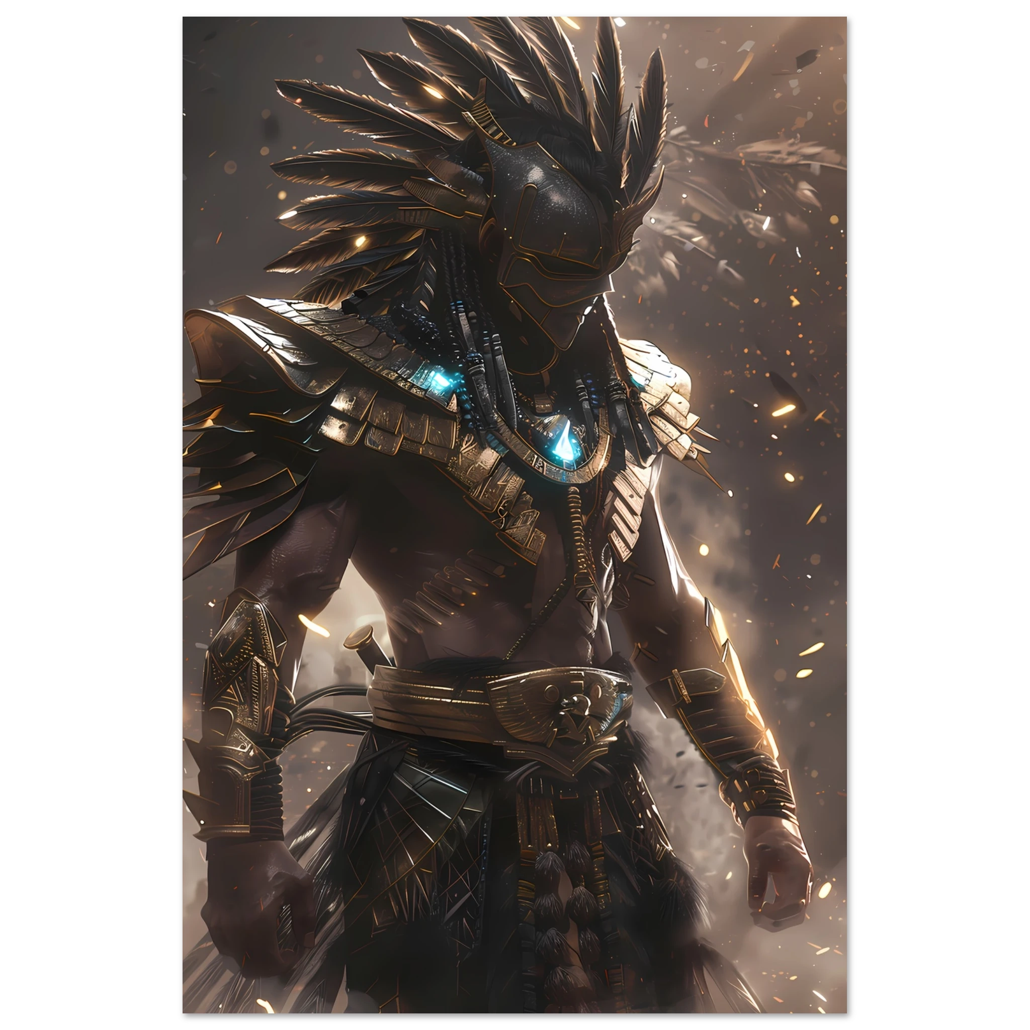 Aztec warrior glowing with neon cyber armour — cultural futurism art print.