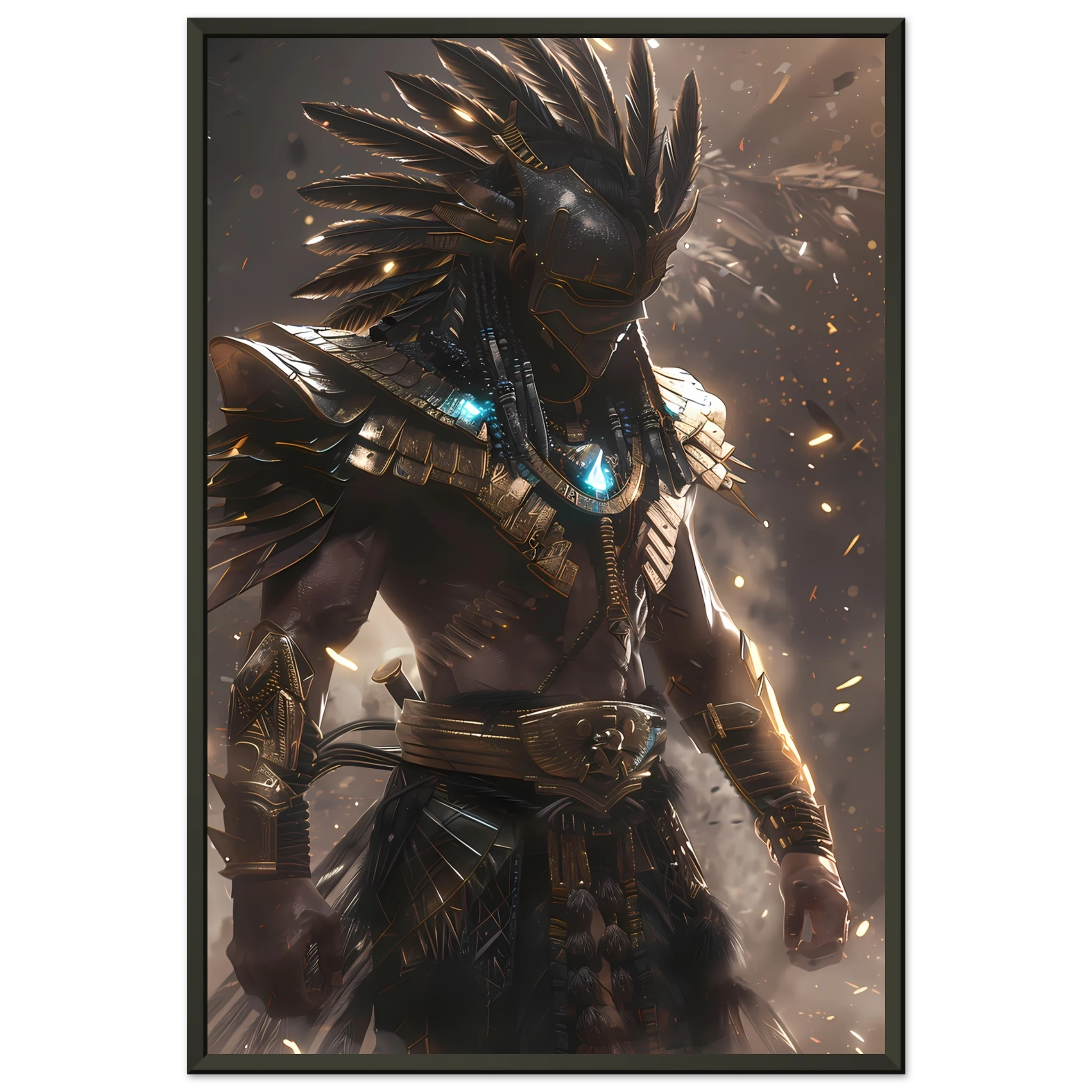 Aztec warrior glowing with neon cyber armour — cultural futurism art print.