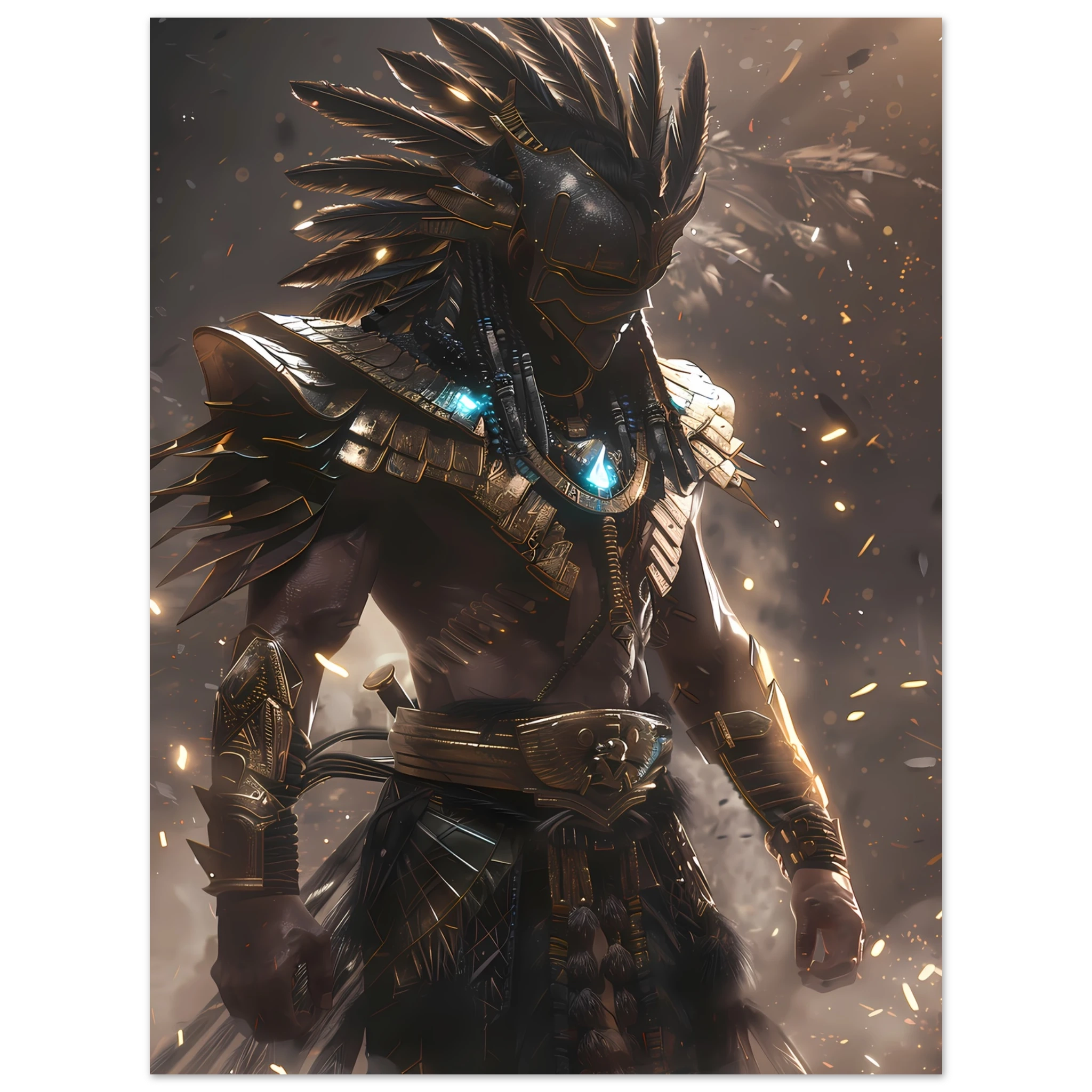 Aztec warrior glowing with neon cyber armour — cultural futurism art print.