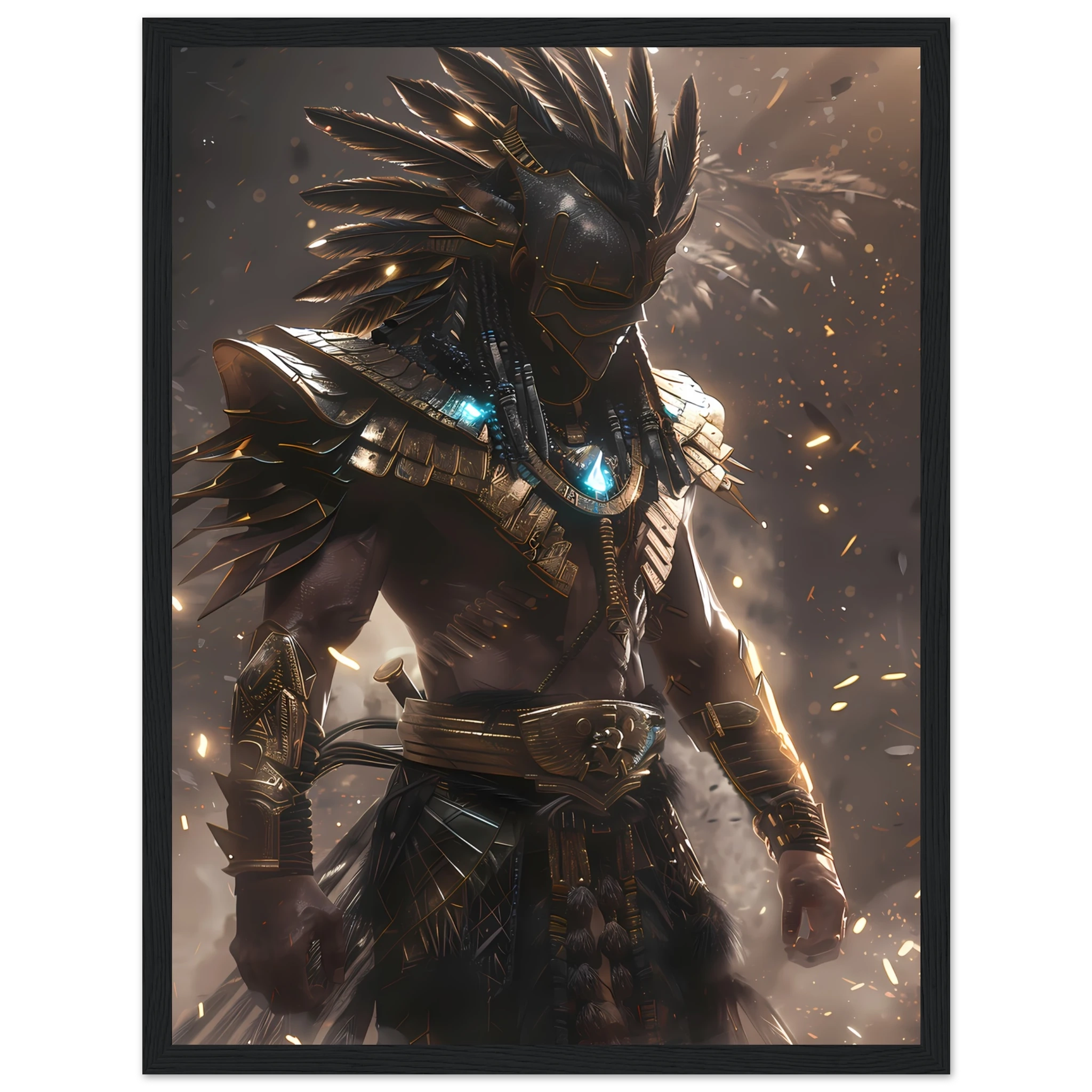 Aztec warrior glowing with neon cyber armour — cultural futurism art print.