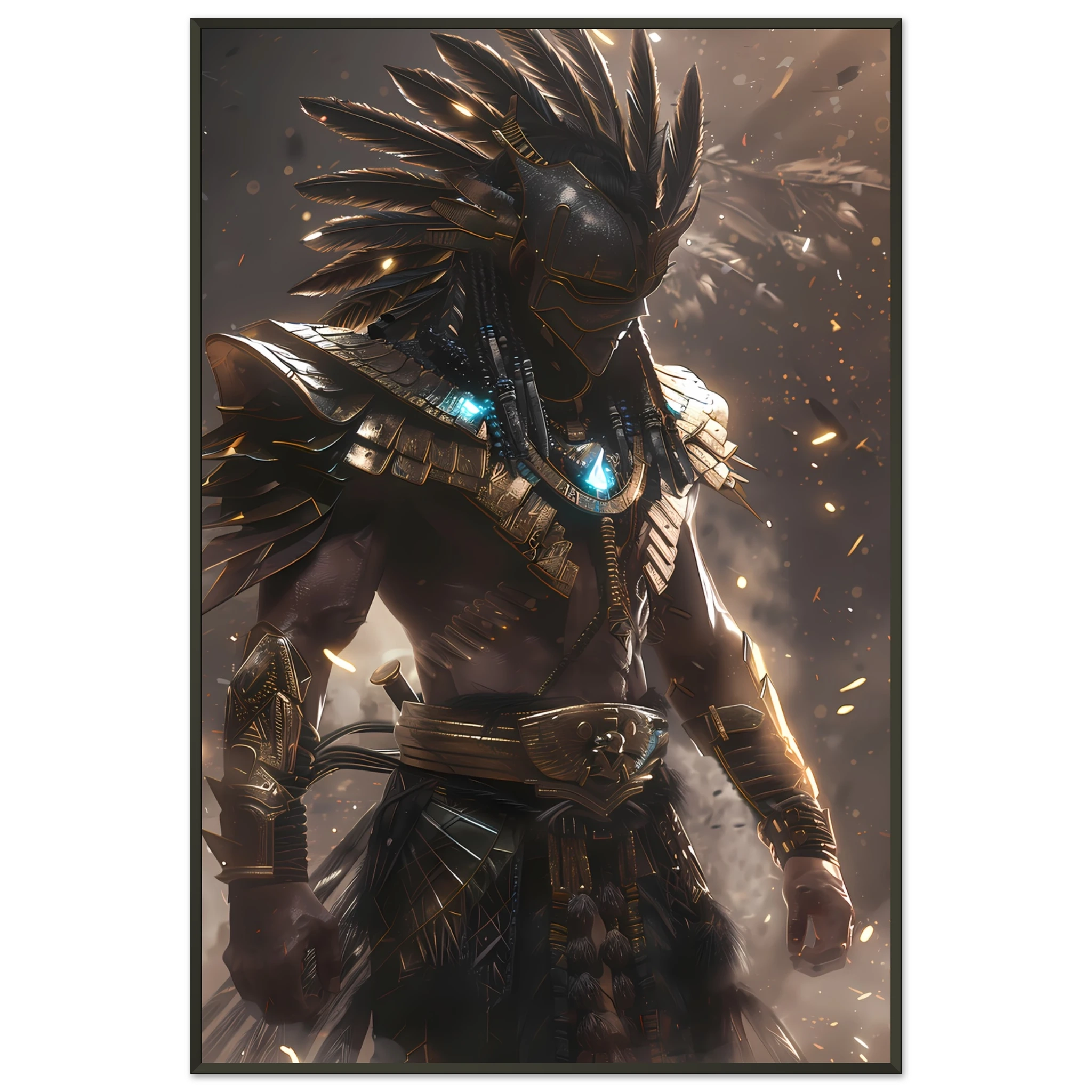 Aztec warrior glowing with neon cyber armour — cultural futurism art print.