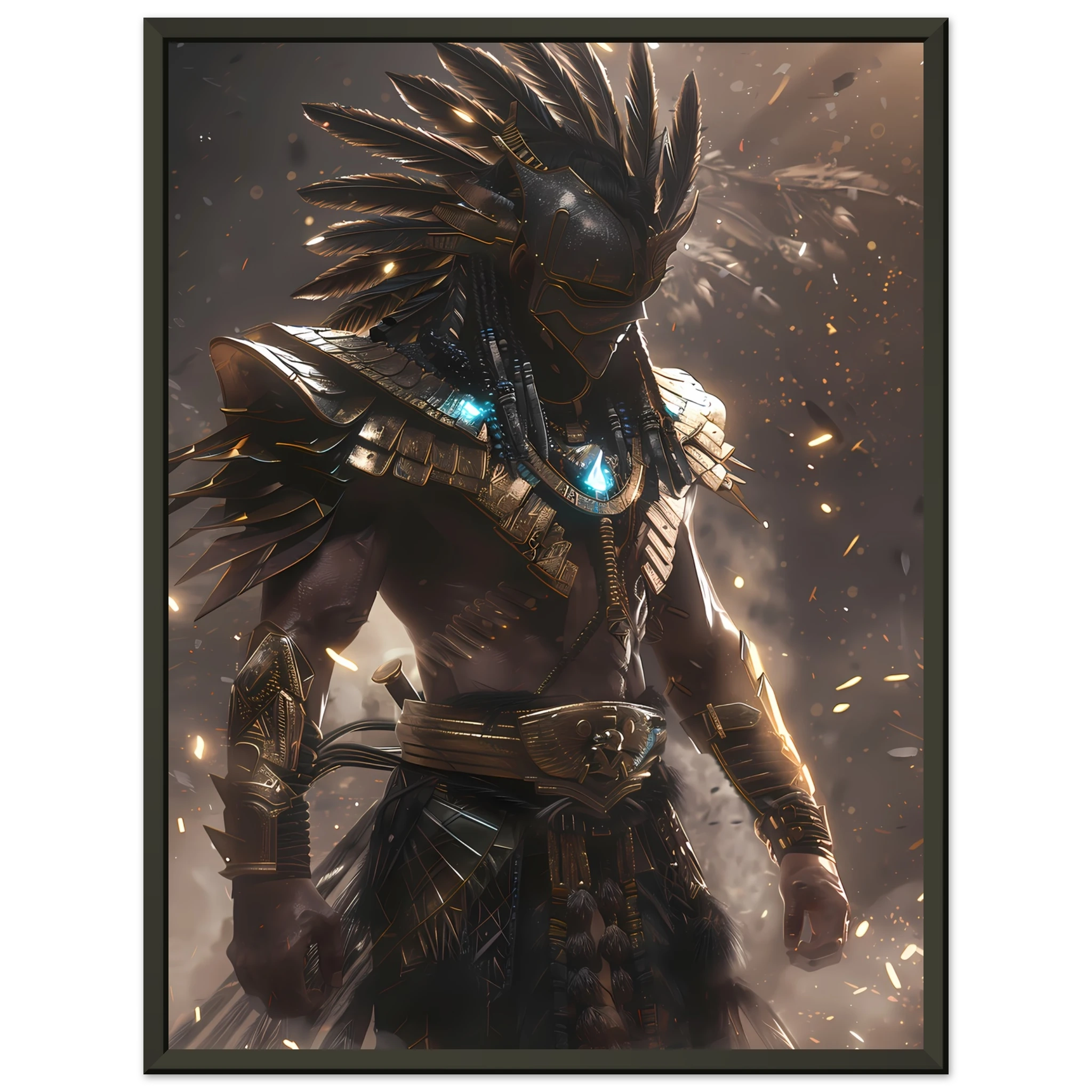 Aztec warrior glowing with neon cyber armour — cultural futurism art print.