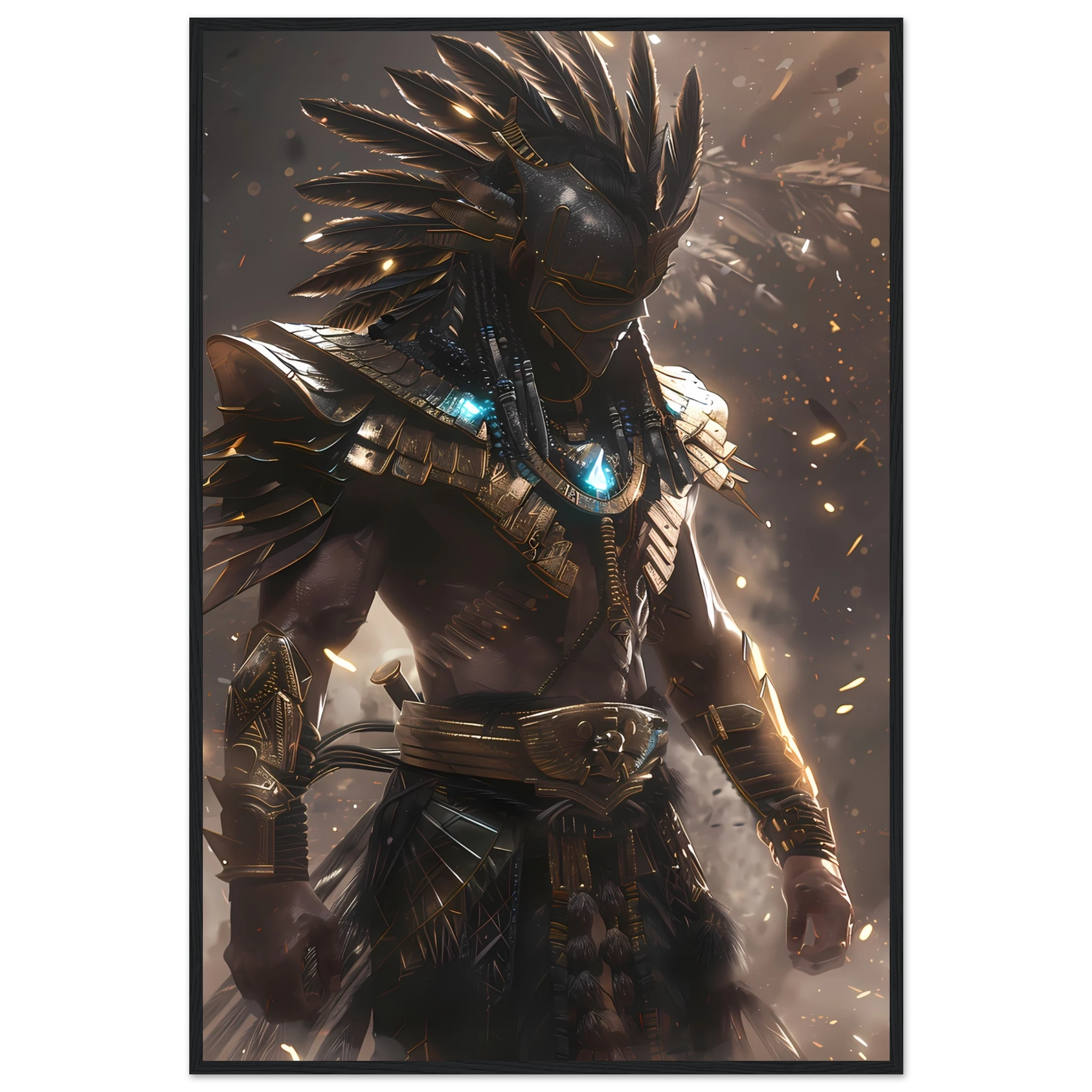 Aztec warrior glowing with neon cyber armour — cultural futurism art print.