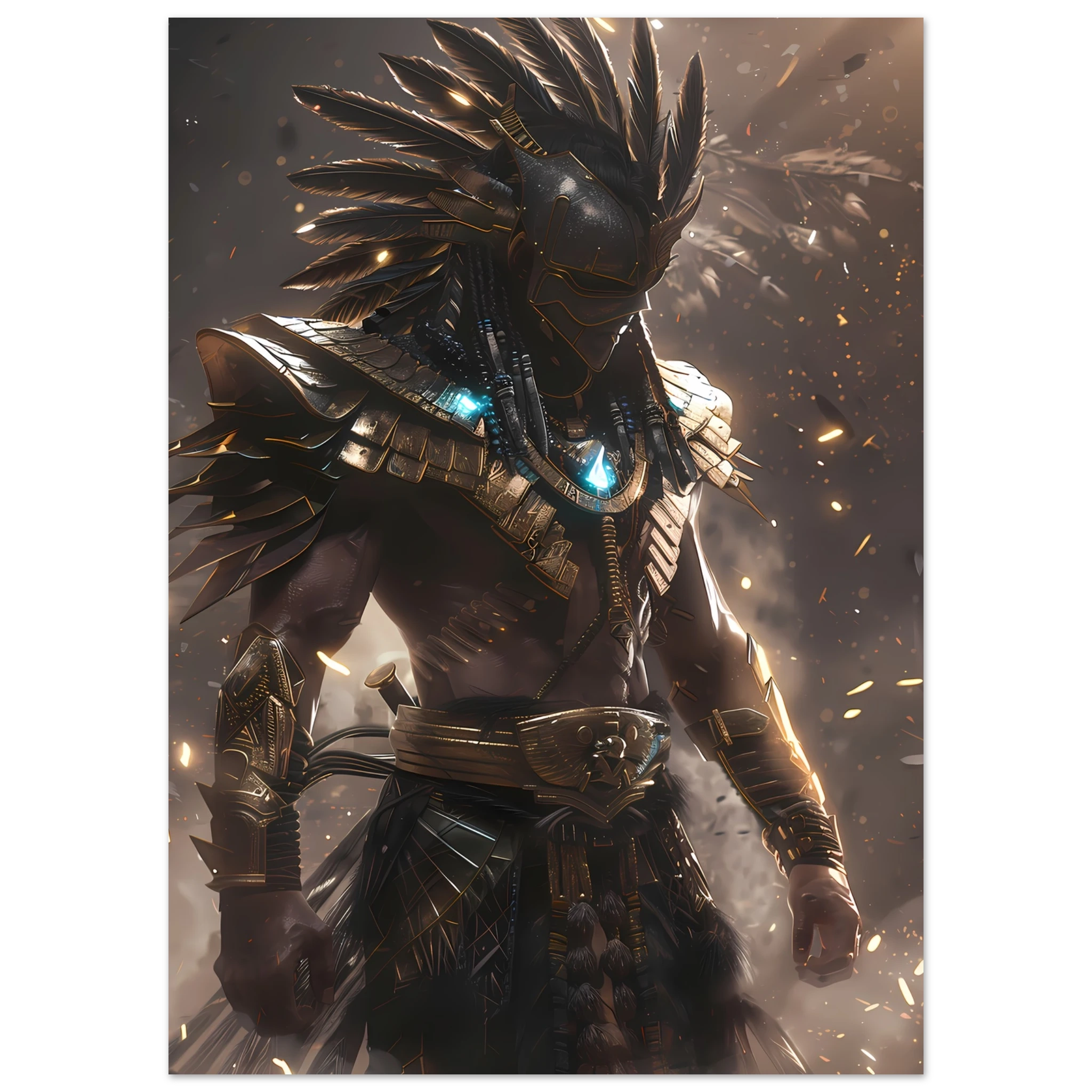 Aztec warrior glowing with neon cyber armour — cultural futurism art print.