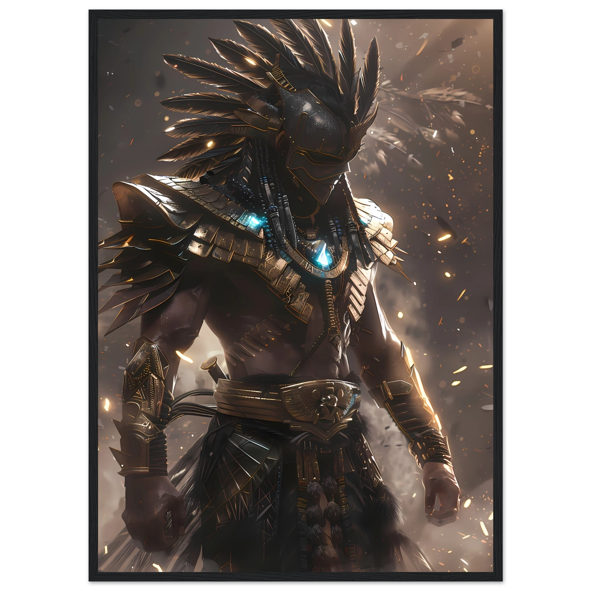 Aztec warrior glowing with neon cyber armour — cultural futurism art print.