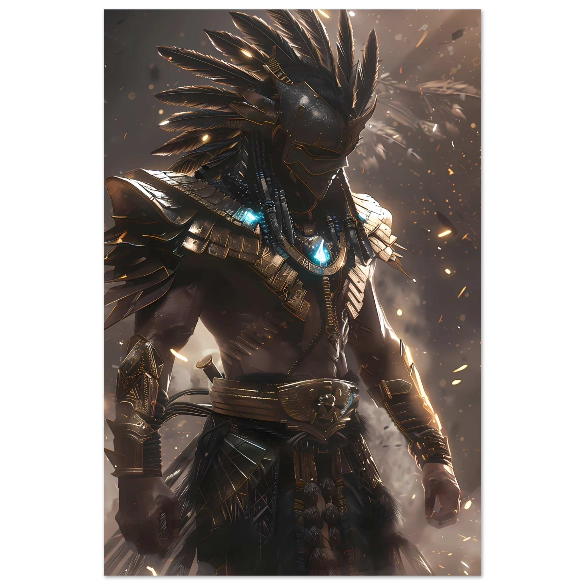 Aztec warrior glowing with neon cyber armour — cultural futurism art print.