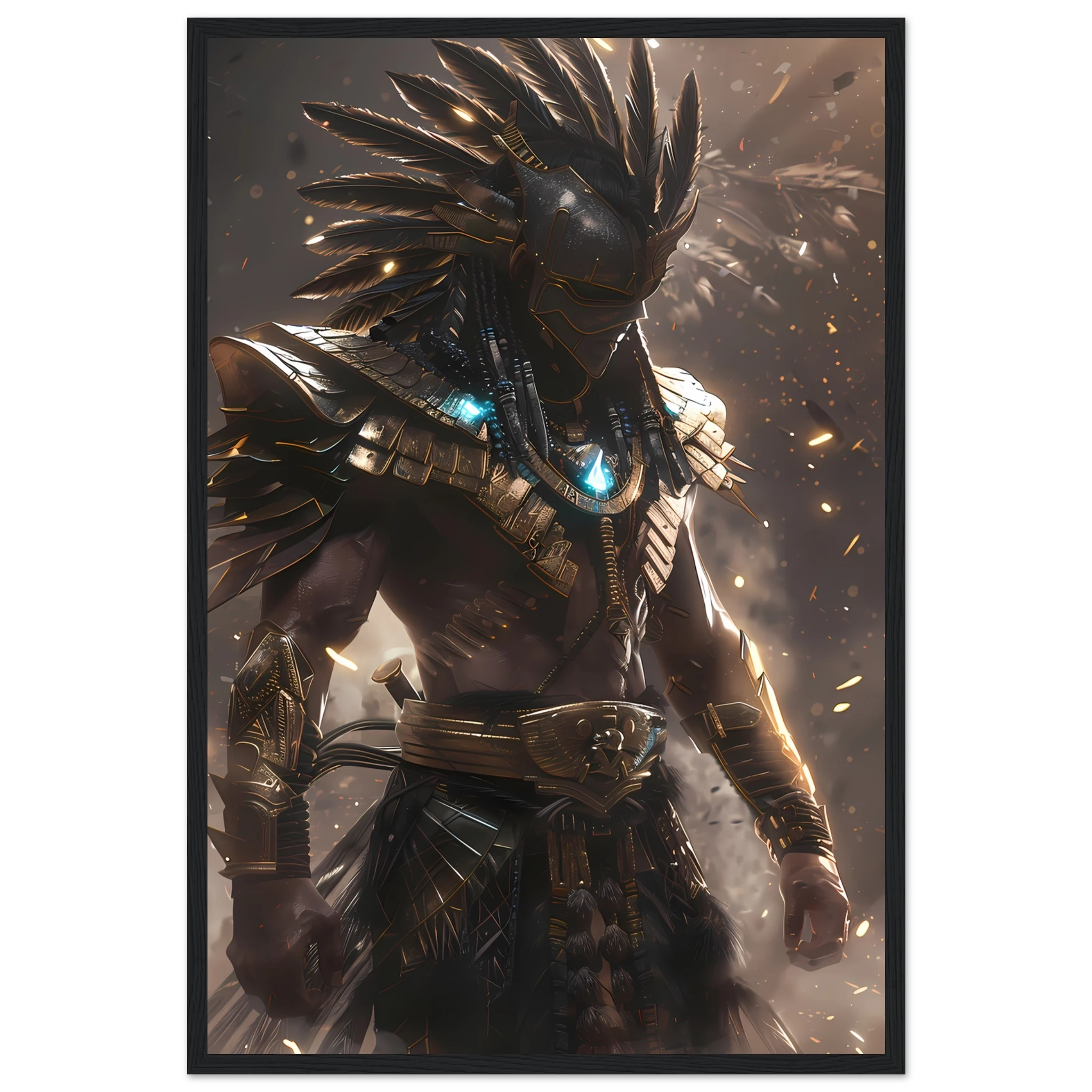 Aztec warrior glowing with neon cyber armour — cultural futurism art print.