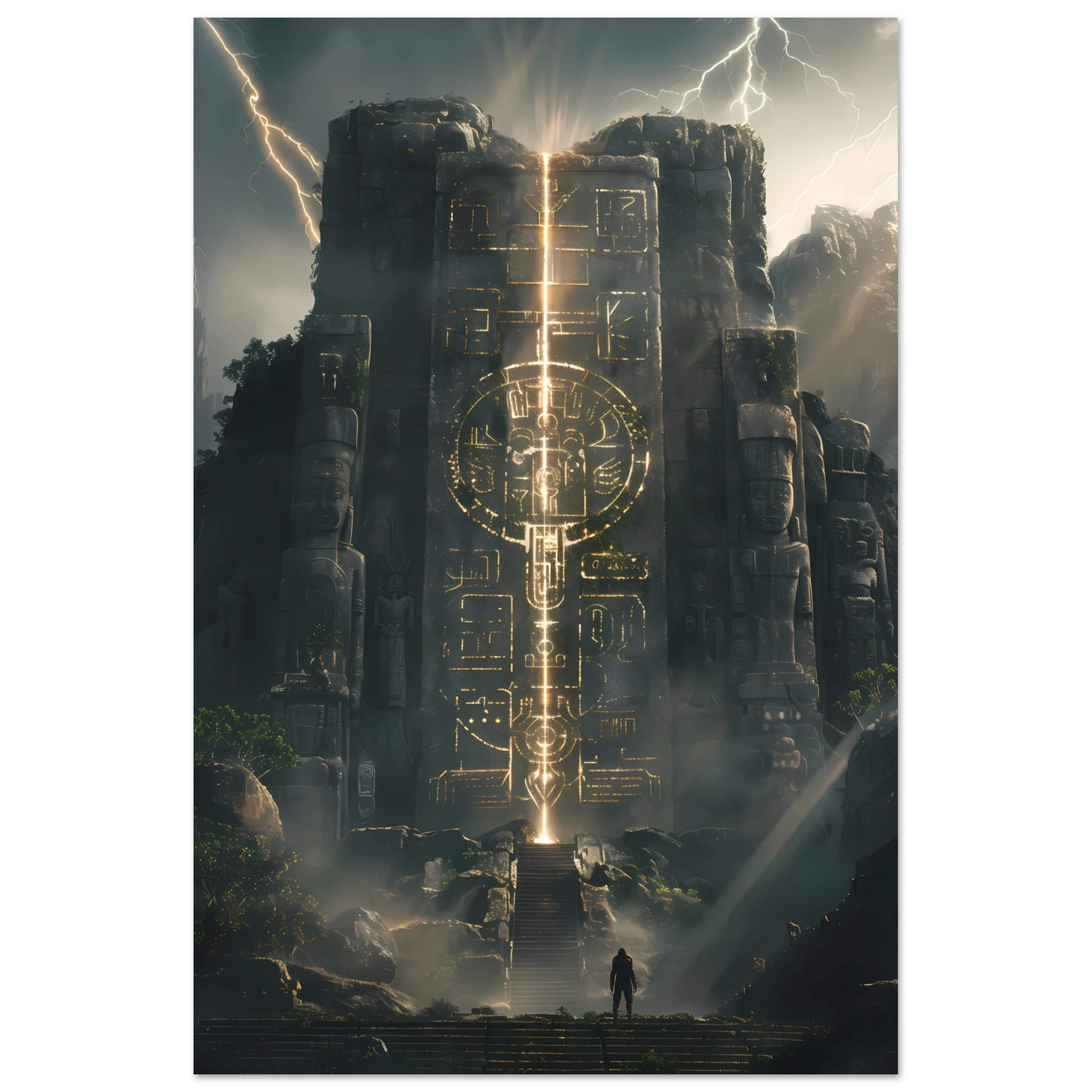 Ancient Aztec temple lit with futuristic laser light — cultural remix wall print.