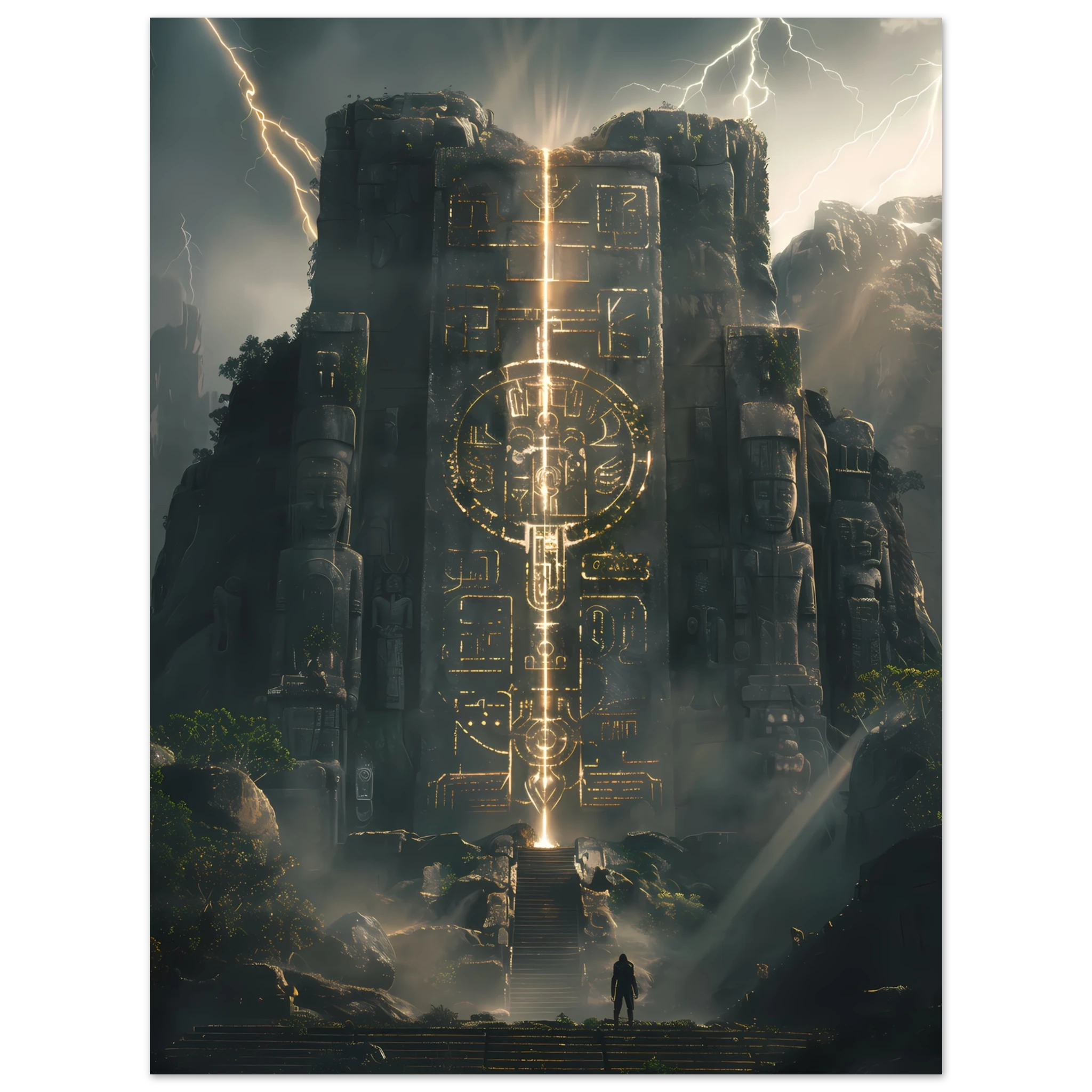 Ancient Aztec temple lit with futuristic laser light — cultural remix wall print.