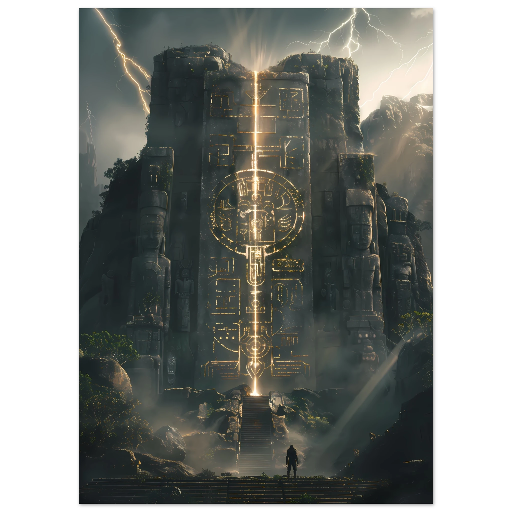 Ancient Aztec temple lit with futuristic laser light — cultural remix wall print.