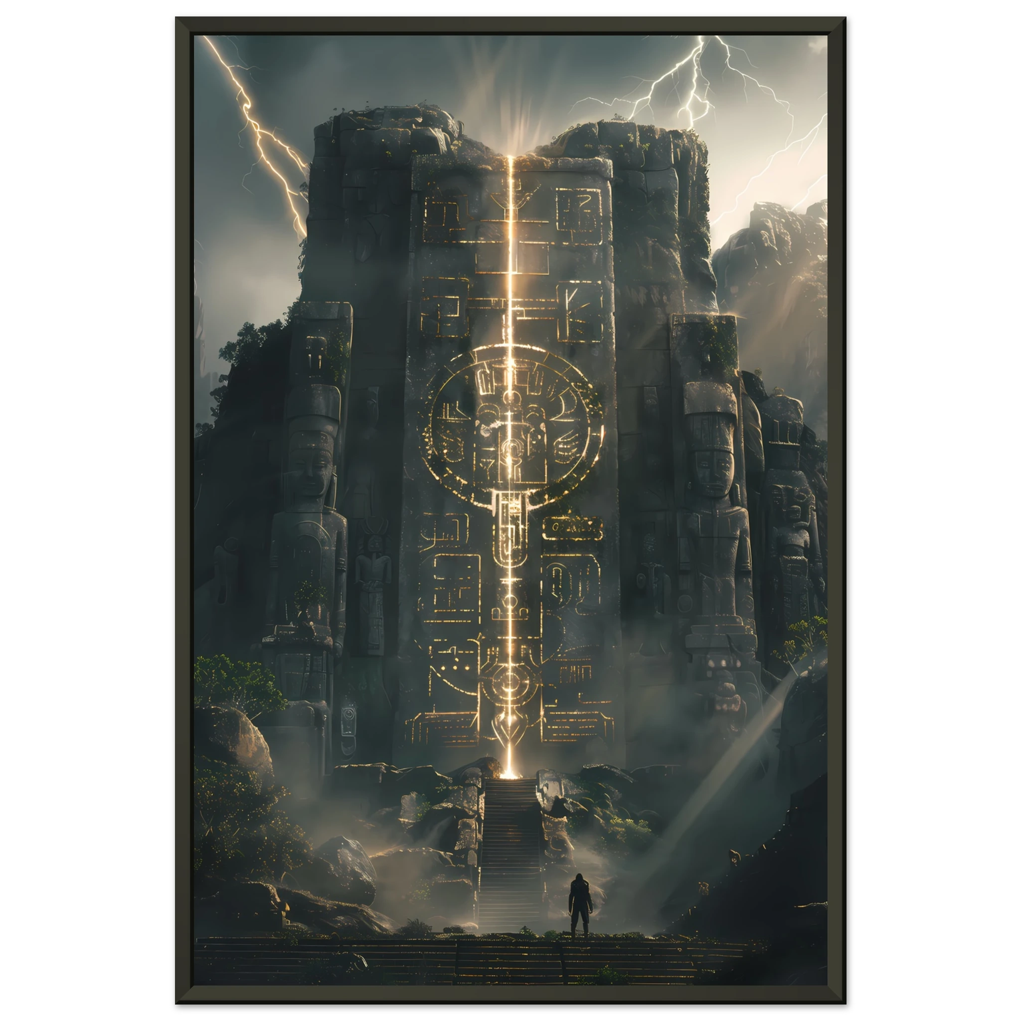 Ancient Aztec temple lit with futuristic laser light — cultural remix wall print.