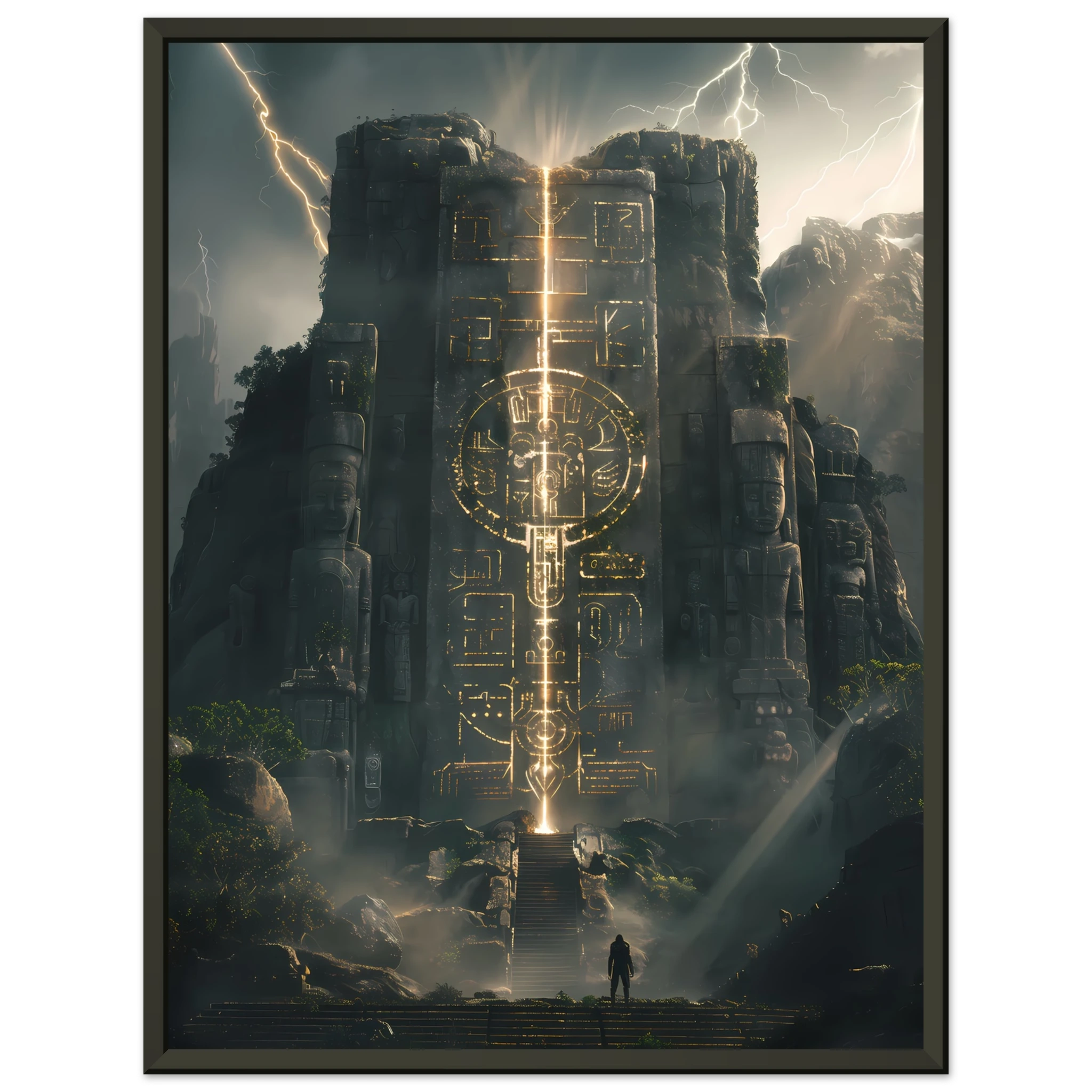 Ancient Aztec temple lit with futuristic laser light — cultural remix wall print.