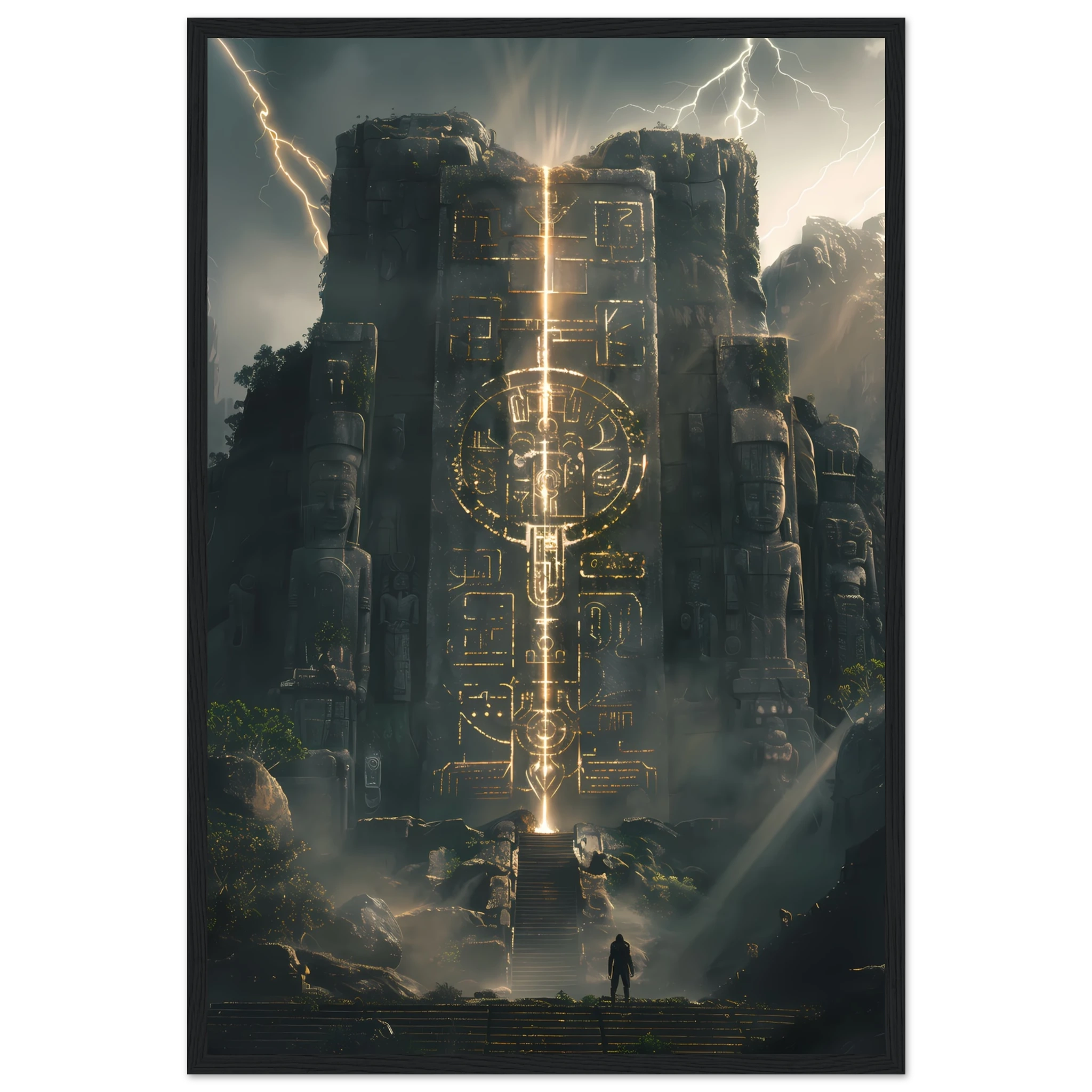 Ancient Aztec temple lit with futuristic laser light — cultural remix wall print.