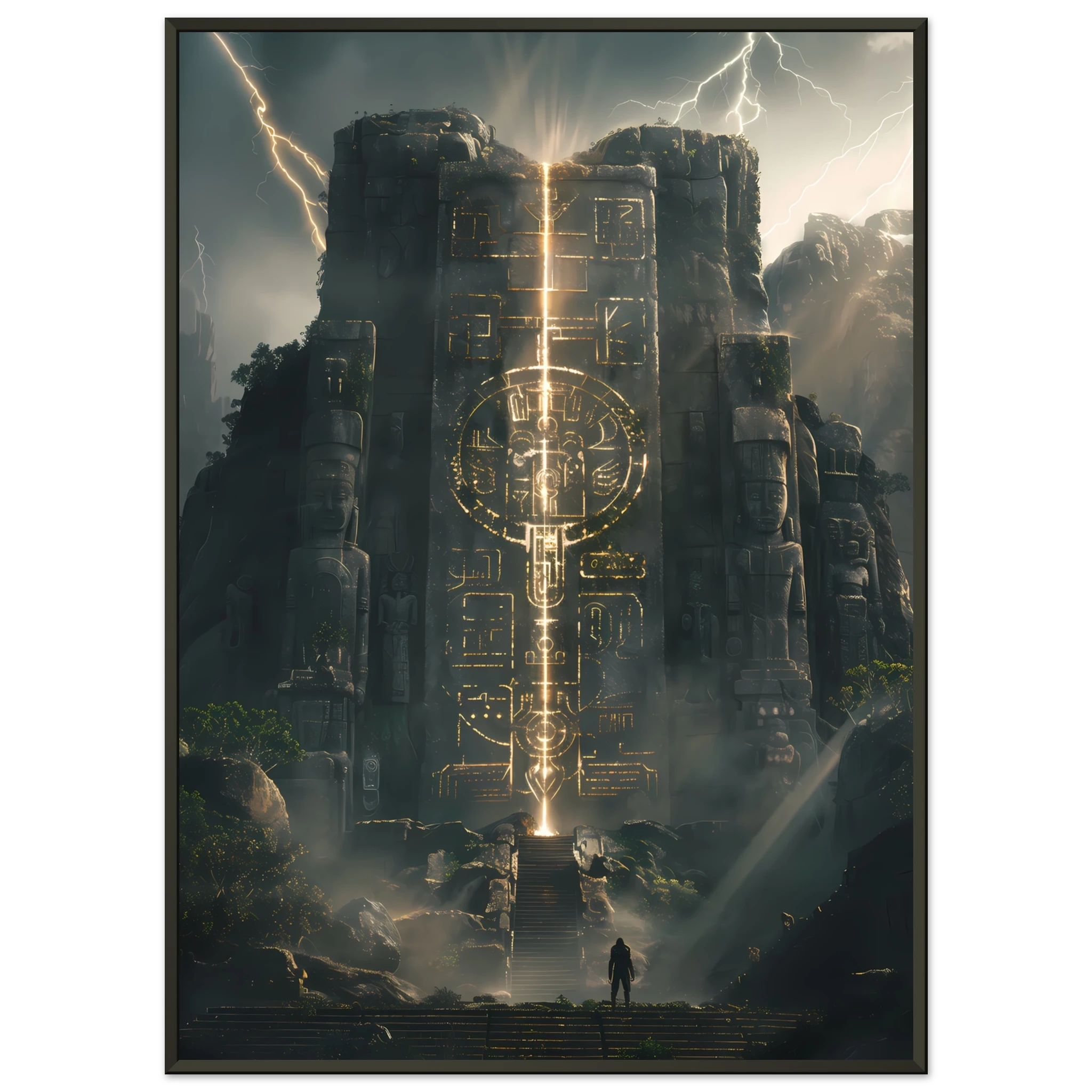 Ancient Aztec temple lit with futuristic laser light — cultural remix wall print.