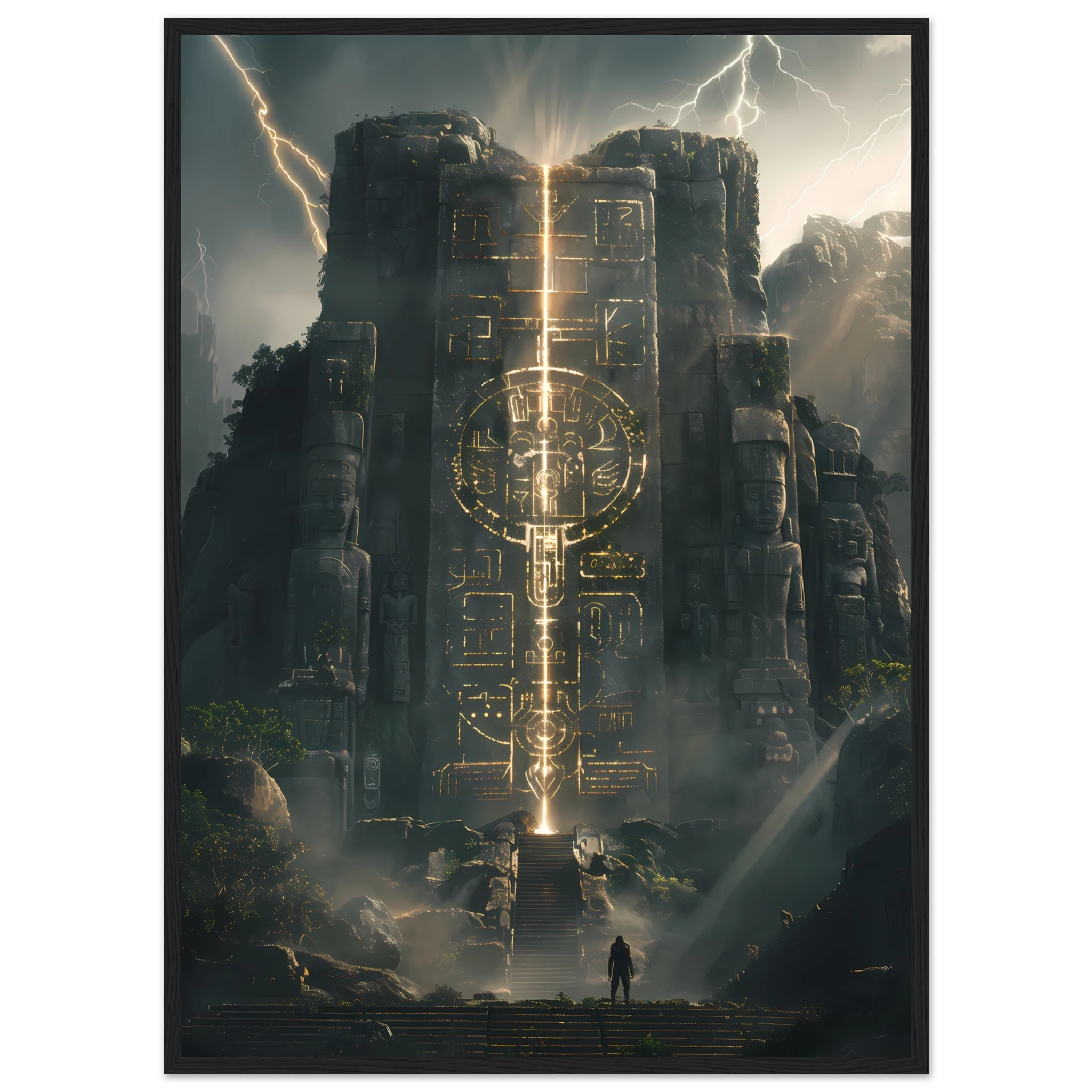 Ancient Aztec temple lit with futuristic laser light — cultural remix wall print.