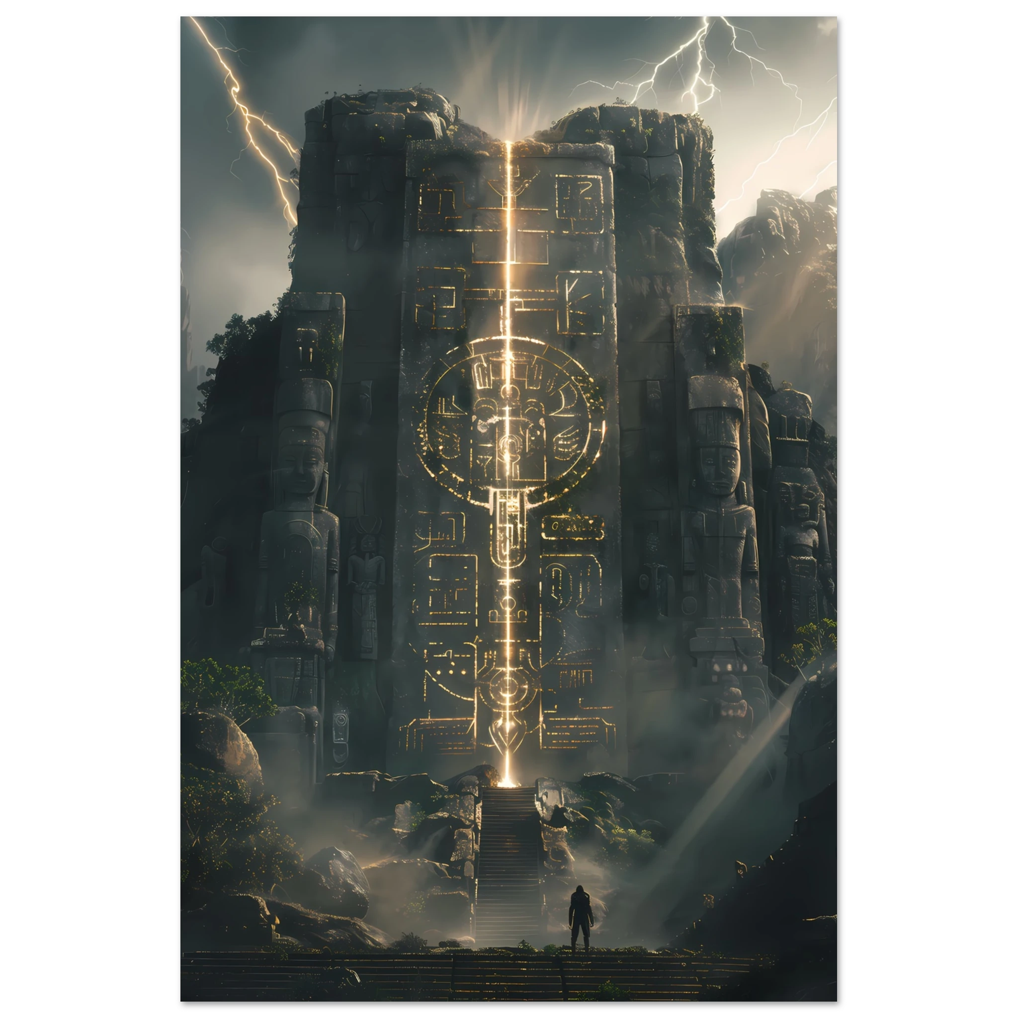 Ancient Aztec temple lit with futuristic laser light — cultural remix wall print.