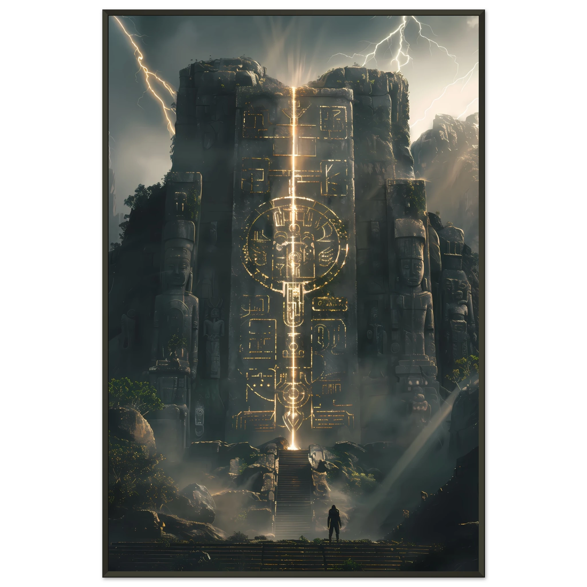 Ancient Aztec temple lit with futuristic laser light — cultural remix wall print.