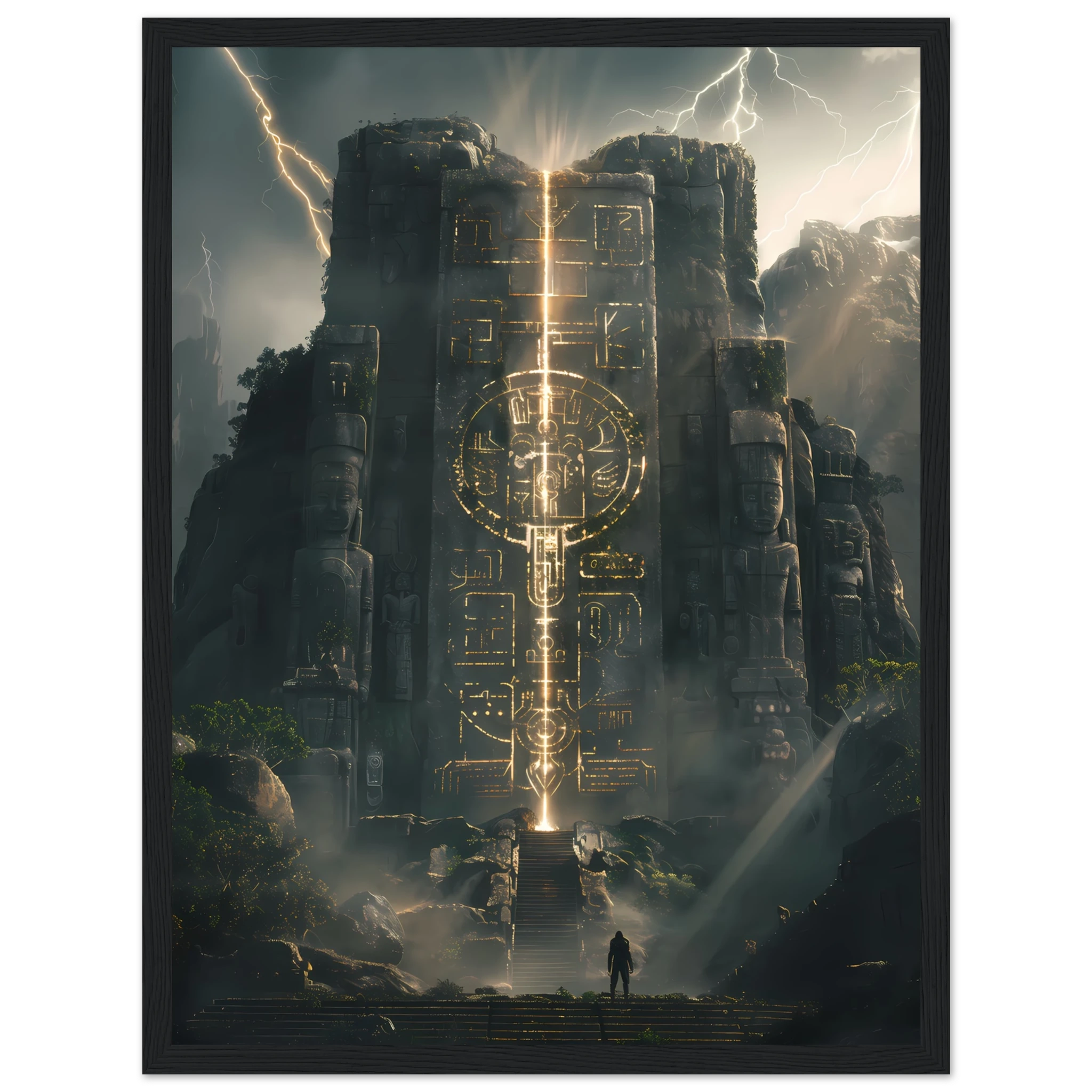 Ancient Aztec temple lit with futuristic laser light — cultural remix wall print.