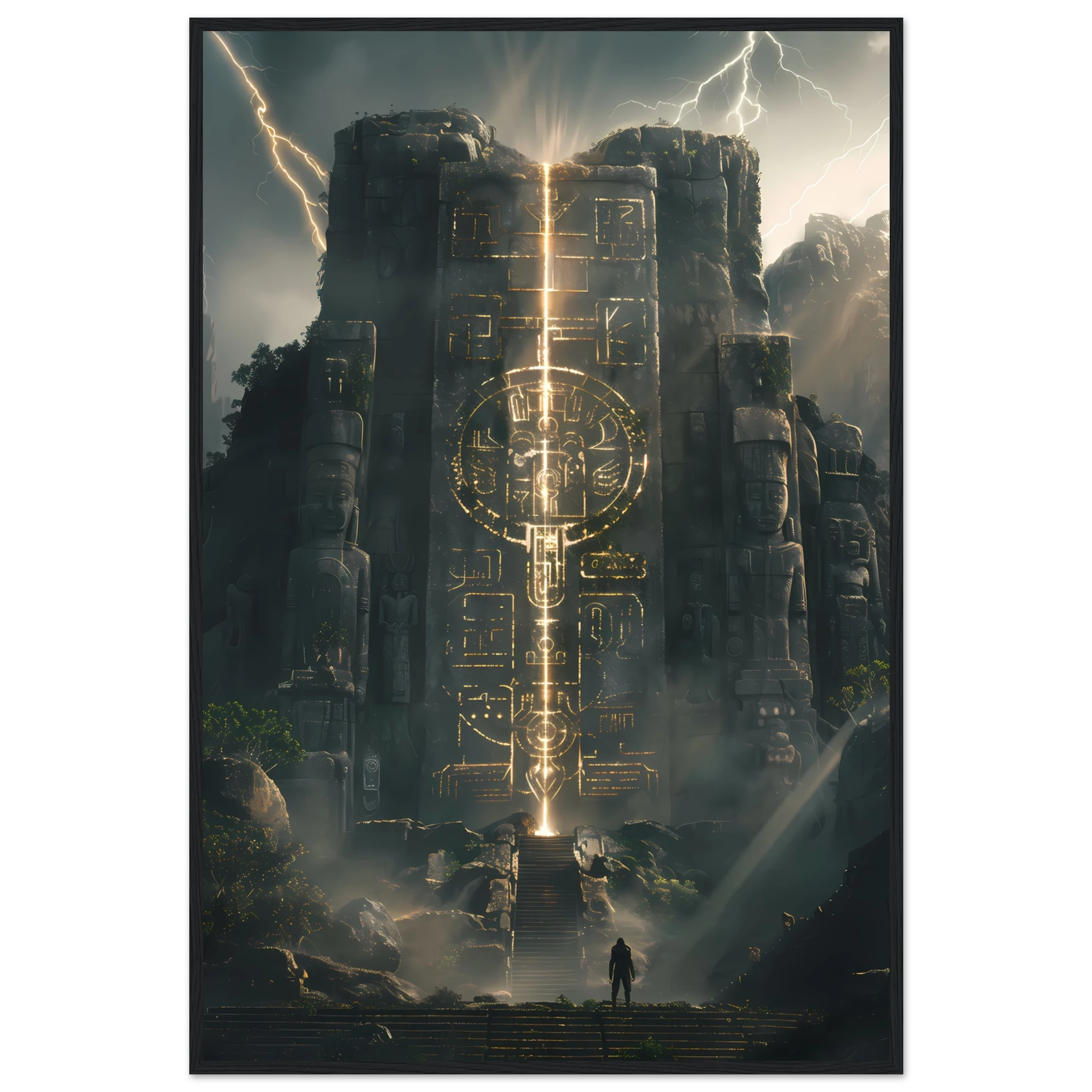 Ancient Aztec temple lit with futuristic laser light — cultural remix wall print.