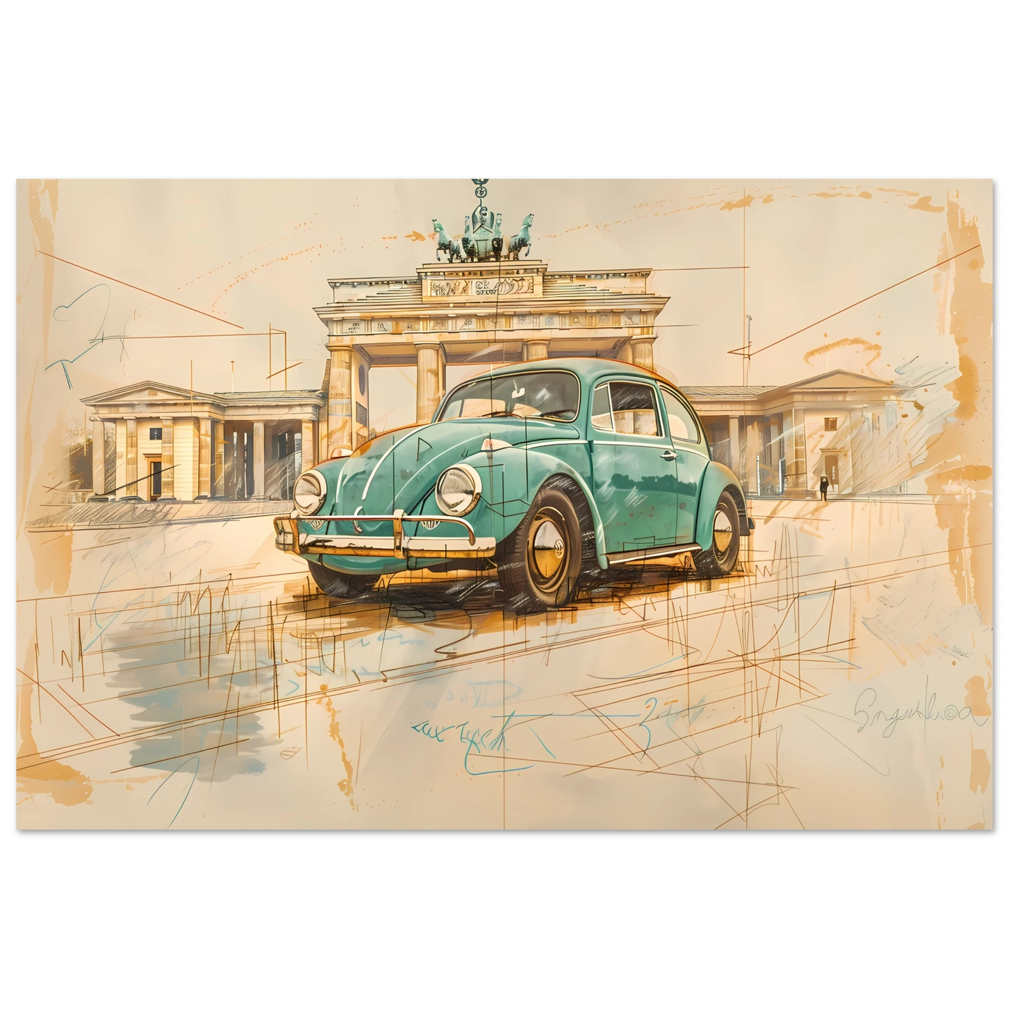 VW Beetle parked in front of Brandenburg Gate— pastel green pencil sketch Berlin wall art.