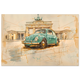 VW Beetle parked in front of Brandenburg Gate— pastel green pencil sketch Berlin wall art.