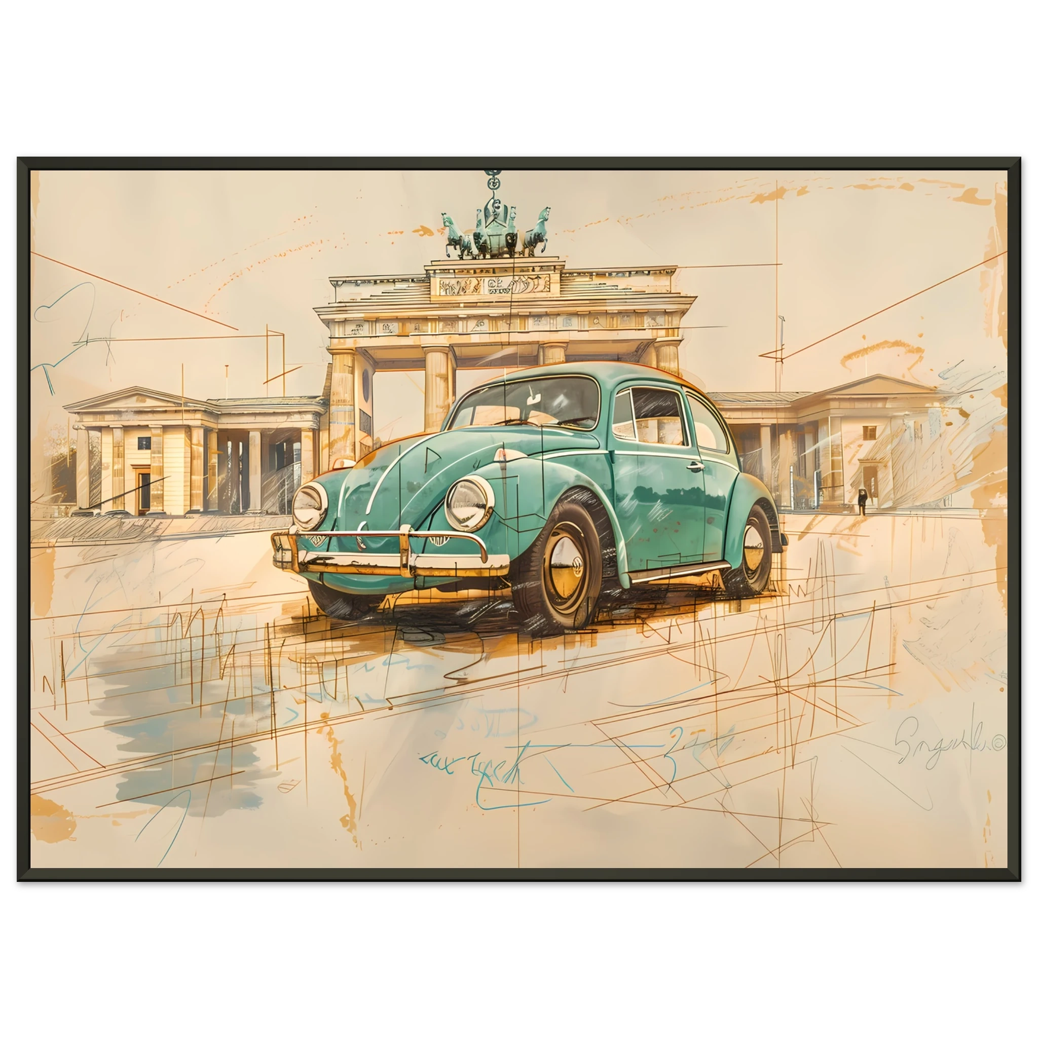 VW Beetle parked in front of Brandenburg Gate— pastel green pencil sketch Berlin wall art.