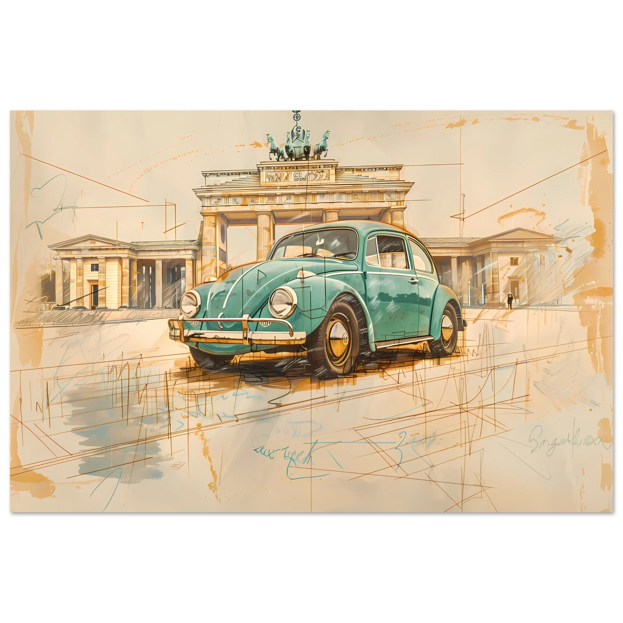 VW Beetle parked in front of Brandenburg Gate— pastel green pencil sketch Berlin wall art.