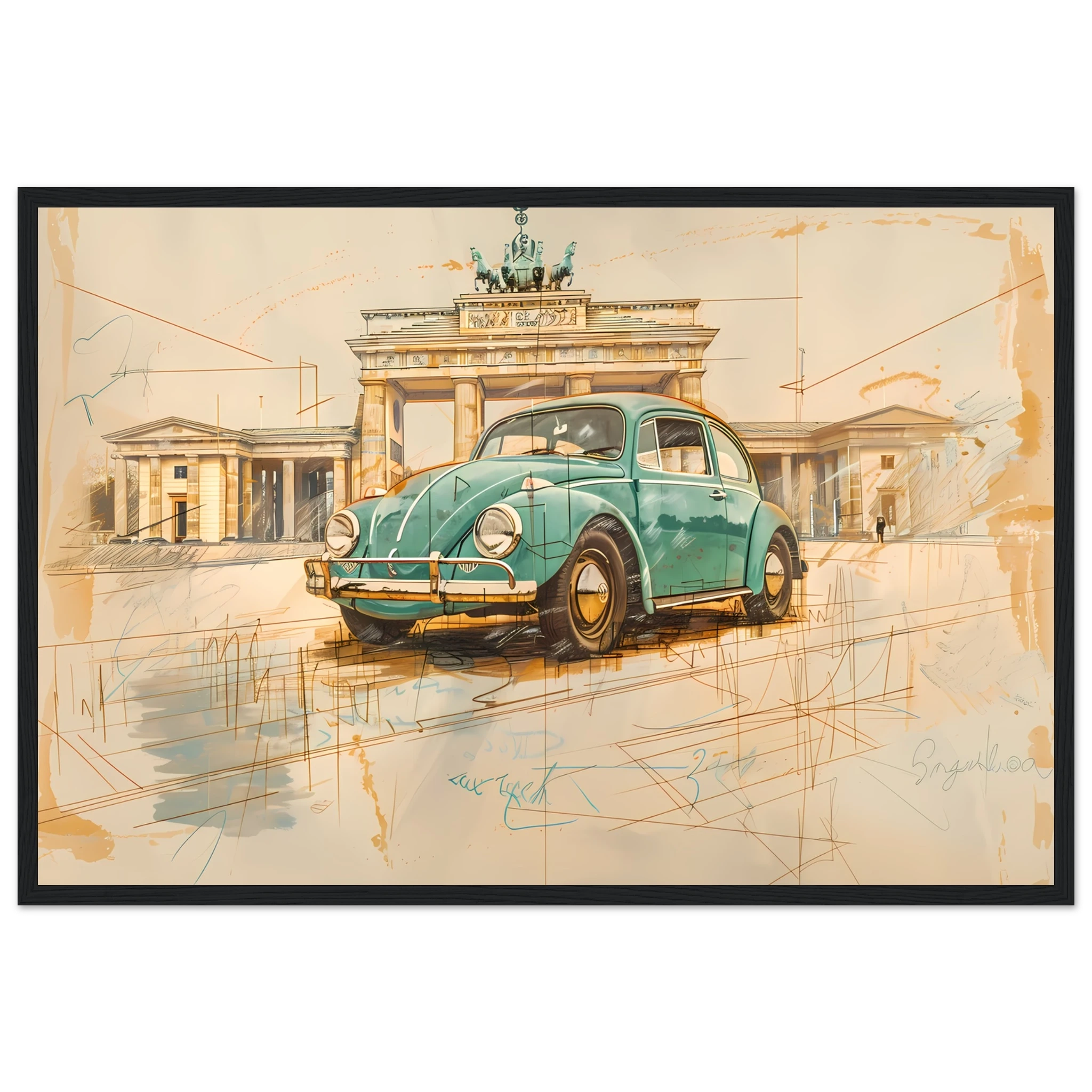 VW Beetle parked in front of Brandenburg Gate— pastel green pencil sketch Berlin wall art.