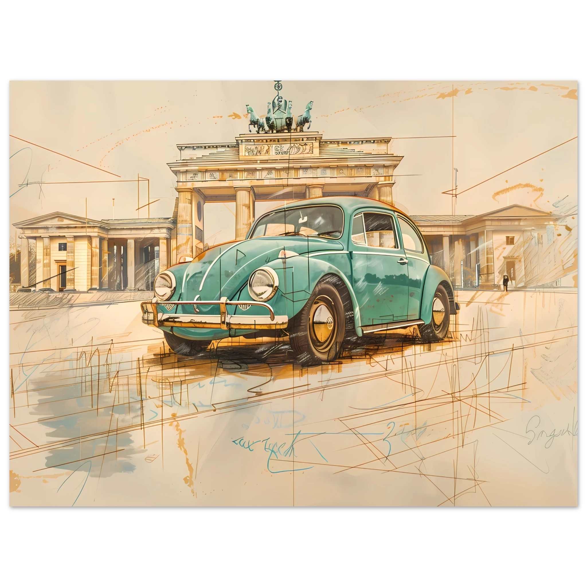 VW Beetle parked in front of Brandenburg Gate— pastel green pencil sketch Berlin wall art.