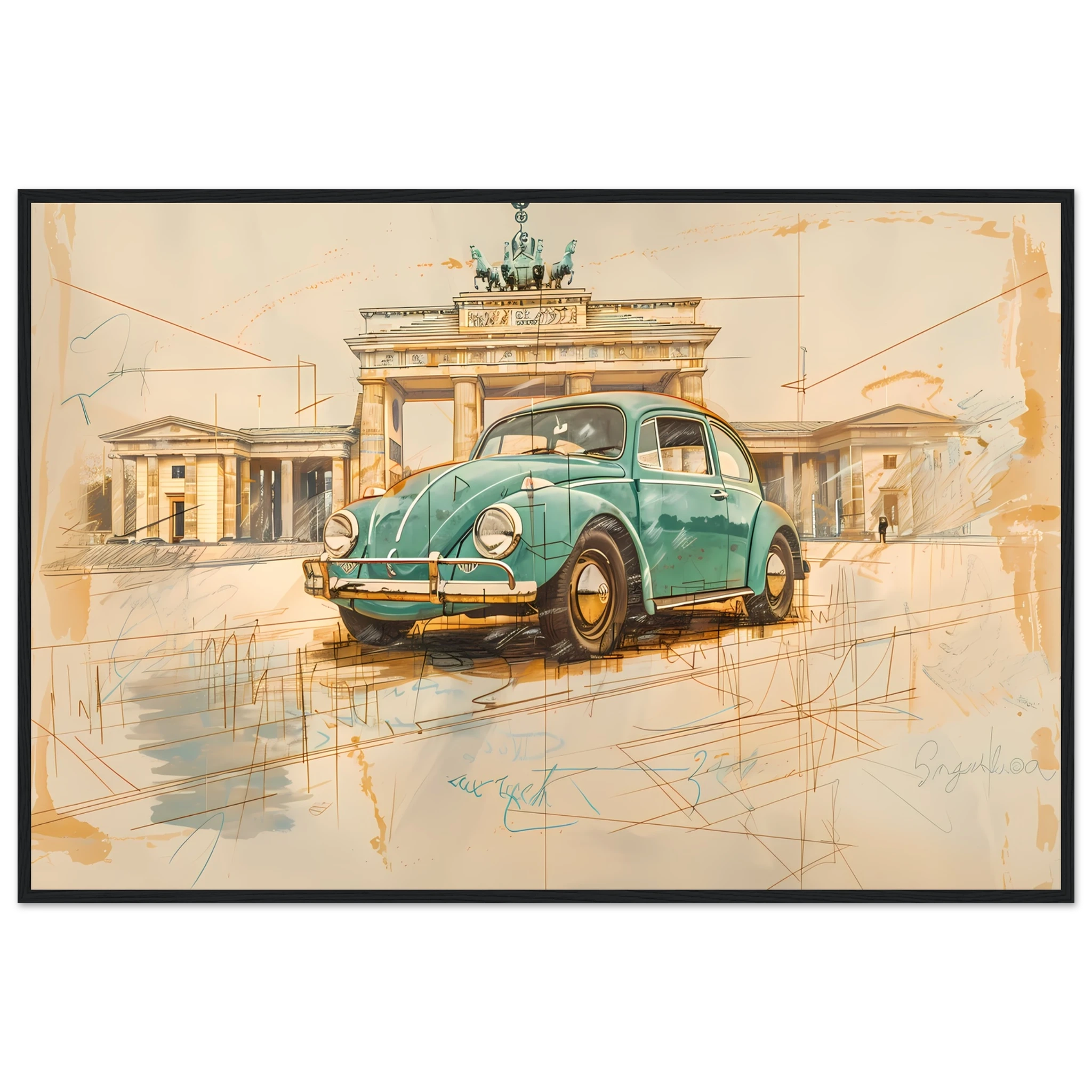 VW Beetle parked in front of Brandenburg Gate— pastel green pencil sketch Berlin wall art.