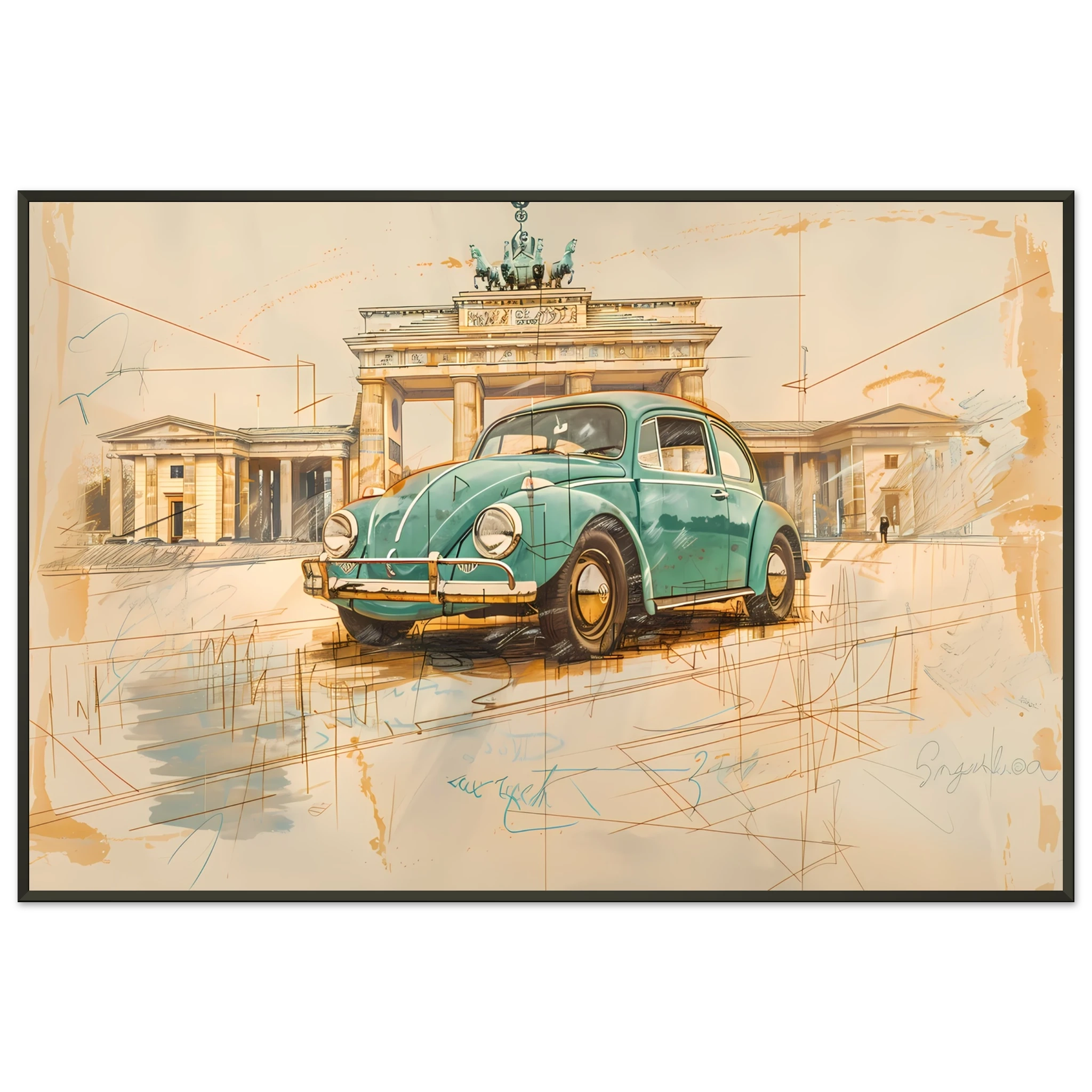VW Beetle parked in front of Brandenburg Gate— pastel green pencil sketch Berlin wall art.