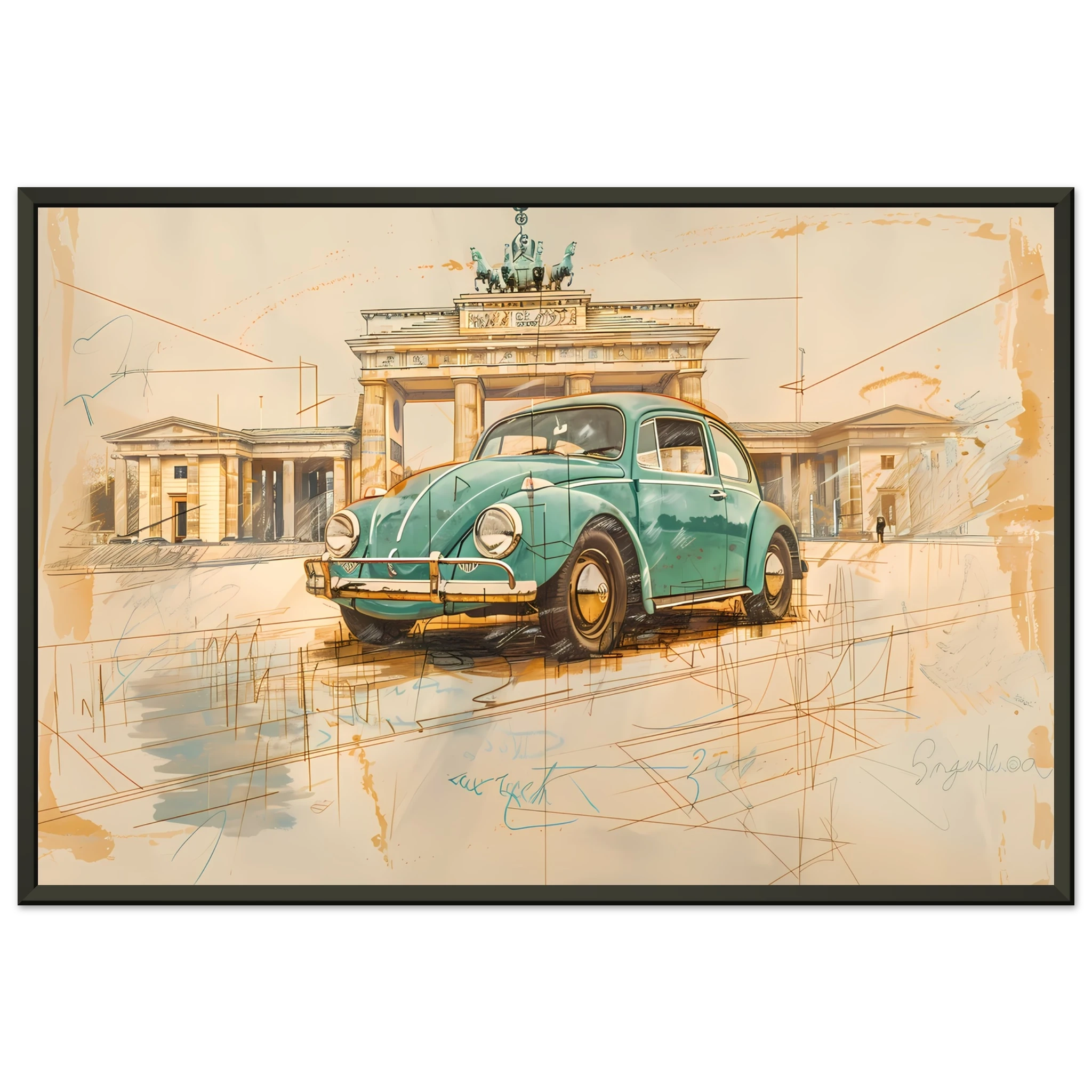 VW Beetle parked in front of Brandenburg Gate— pastel green pencil sketch Berlin wall art.