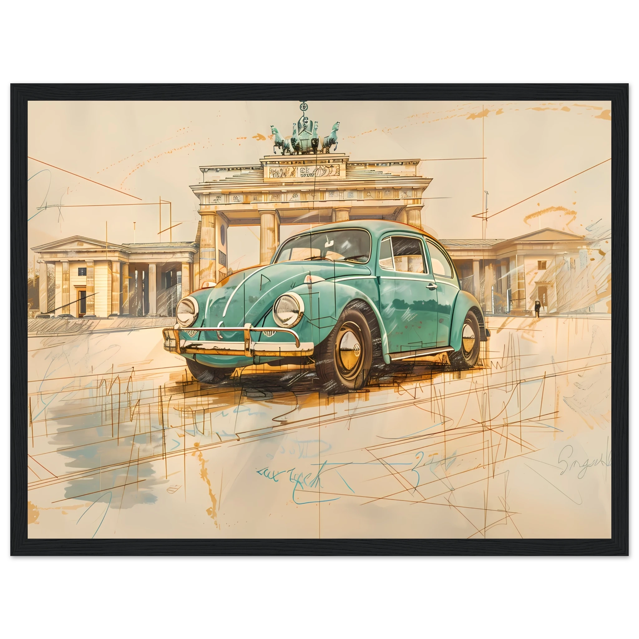 VW Beetle parked in front of Brandenburg Gate— pastel green pencil sketch Berlin wall art.