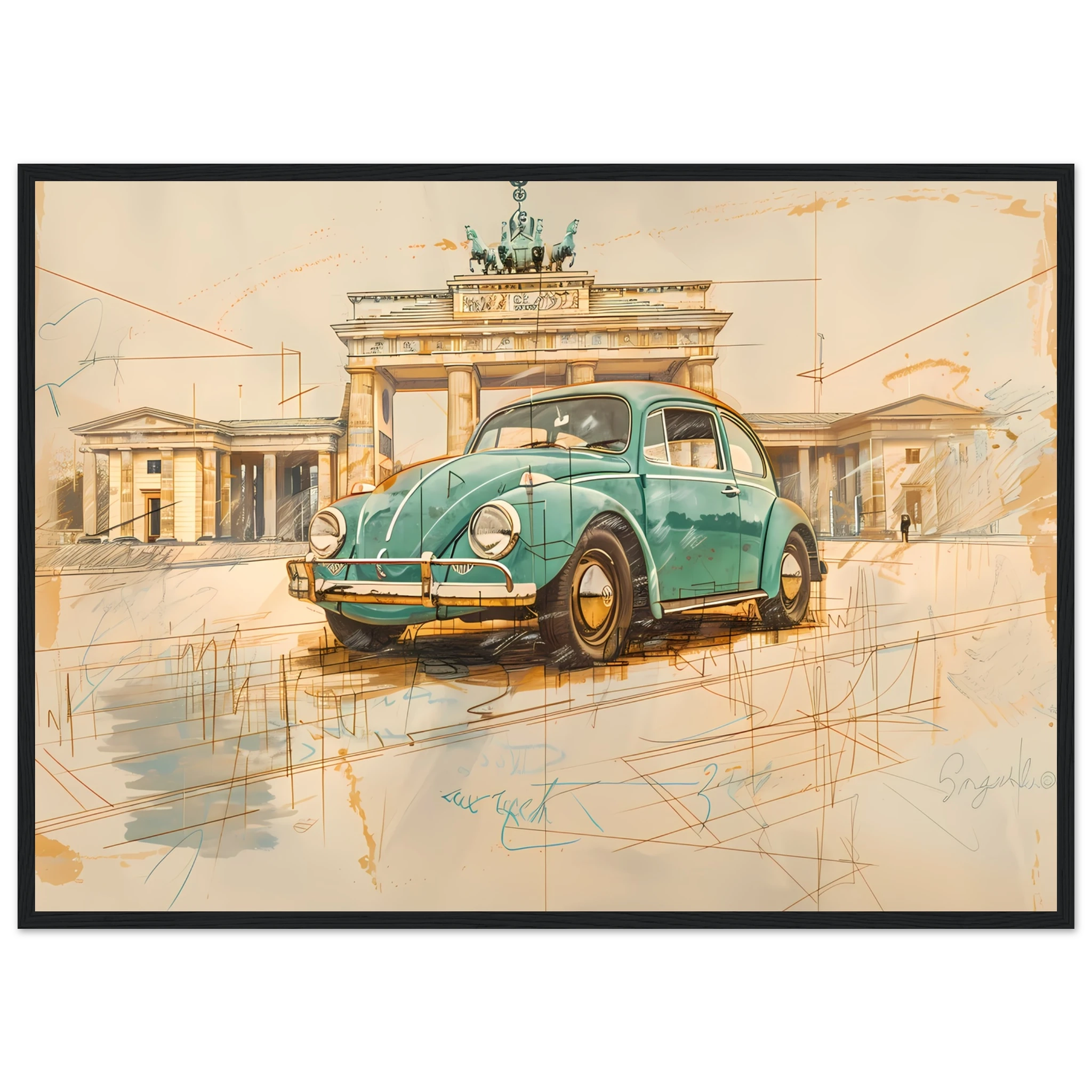 VW Beetle parked in front of Brandenburg Gate— pastel green pencil sketch Berlin wall art.