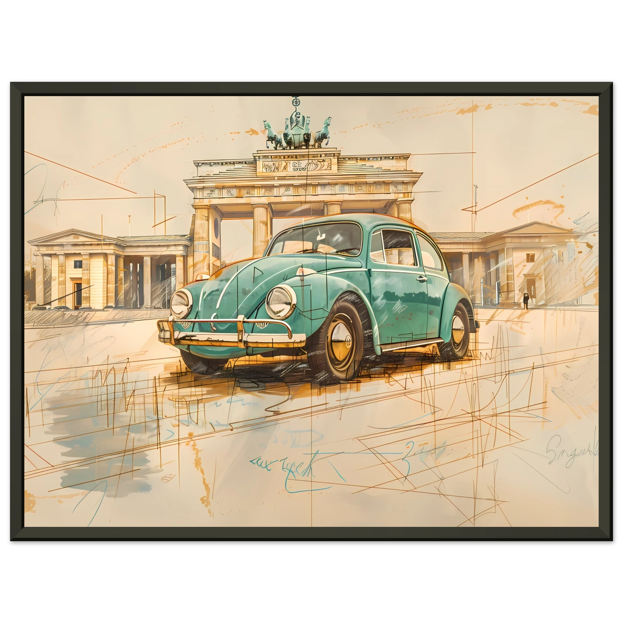 VW Beetle parked in front of Brandenburg Gate— pastel green pencil sketch Berlin wall art.