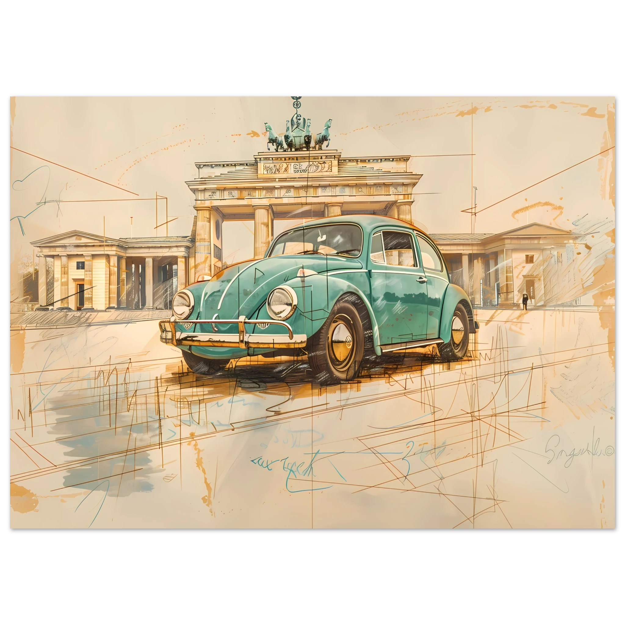 VW Beetle parked in front of Brandenburg Gate— pastel green pencil sketch Berlin wall art.