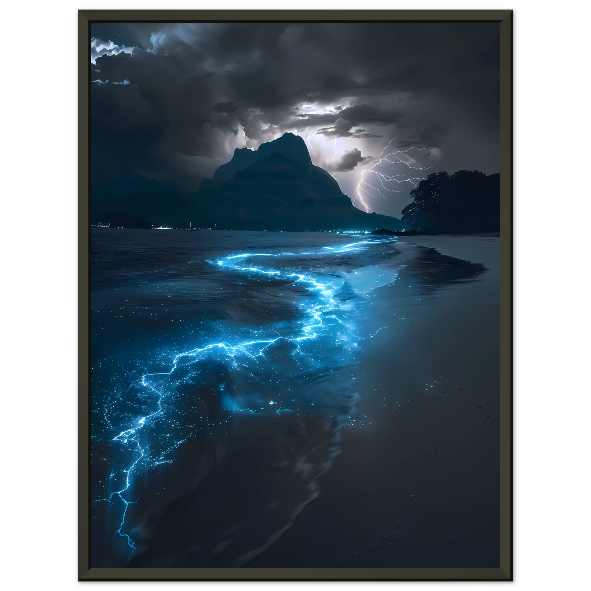 Electric blue glowing ocean waves at night — surreal marine fantasy wall art.