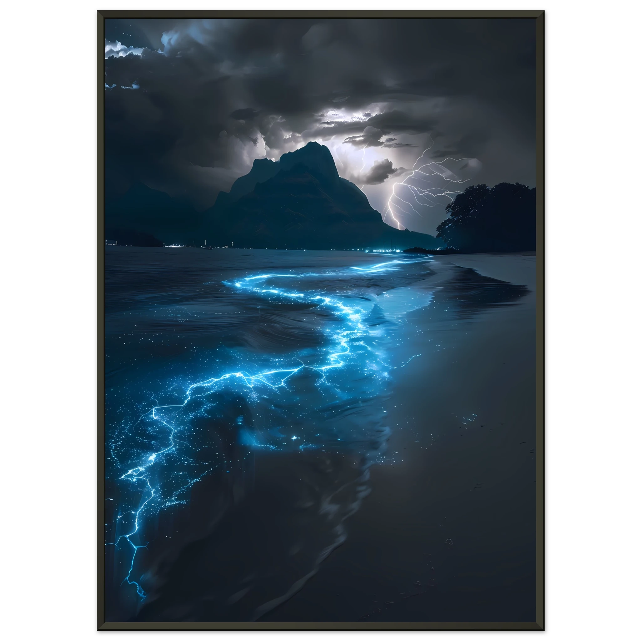 Electric blue glowing ocean waves at night — surreal marine fantasy wall art.