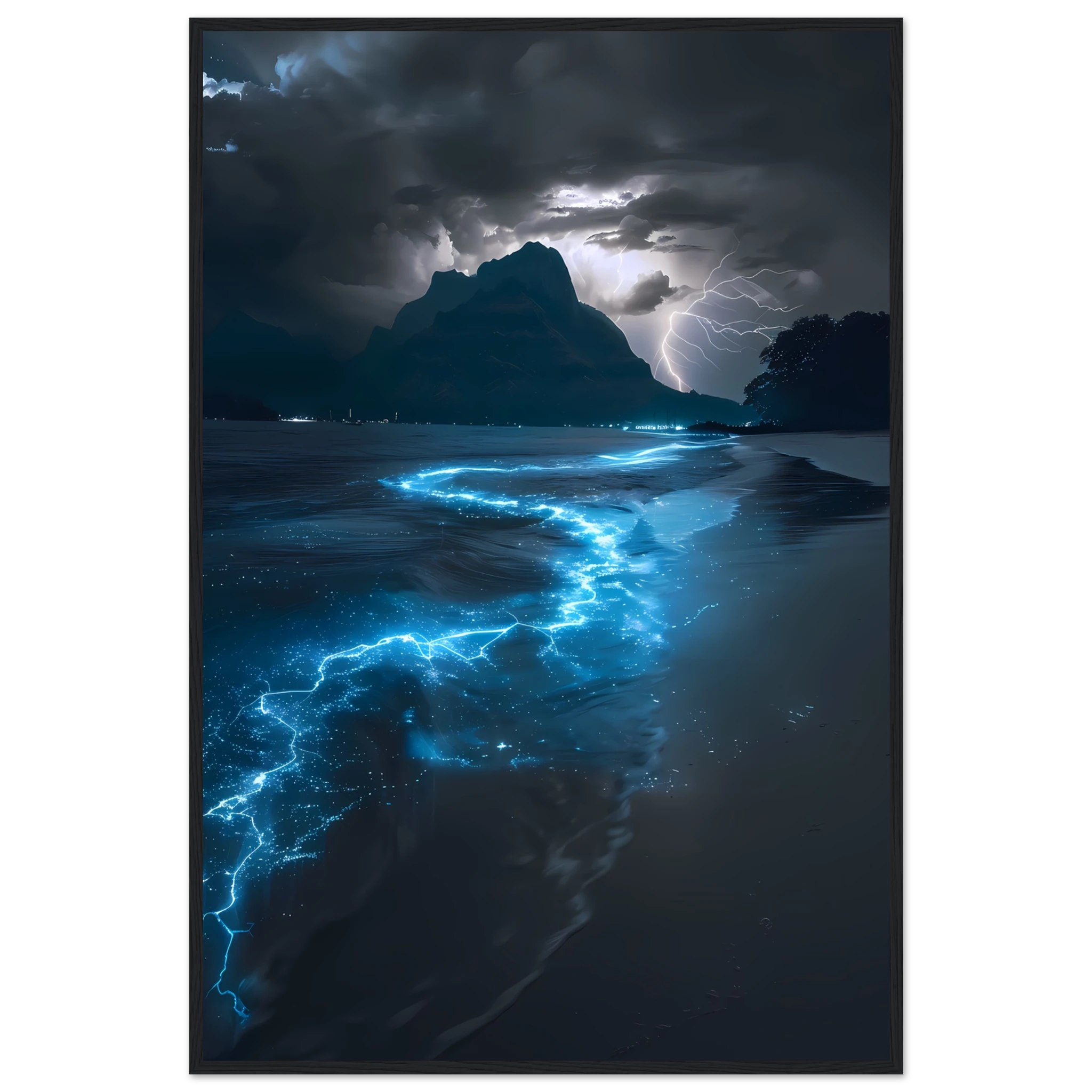Electric blue glowing ocean waves at night — surreal marine fantasy wall art.