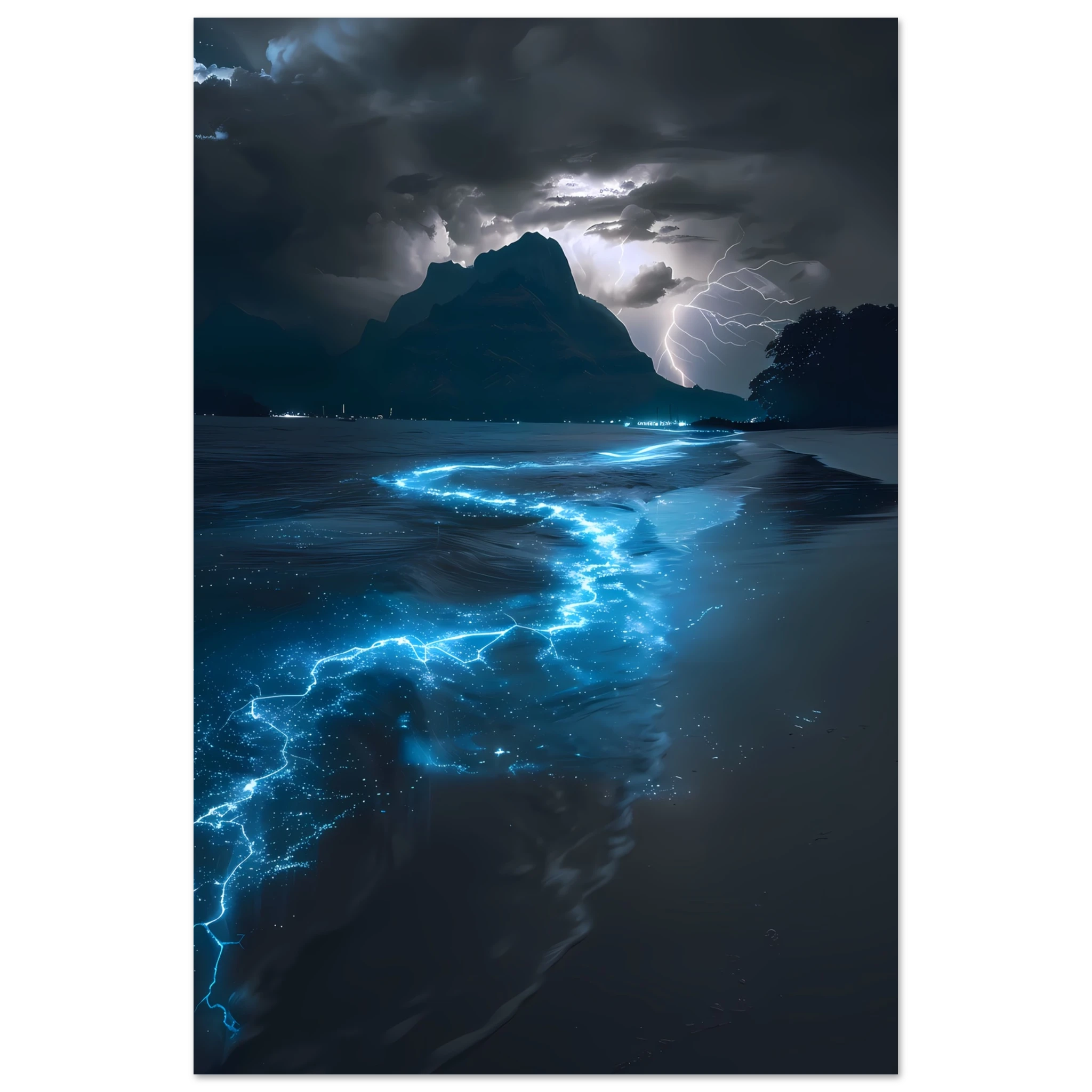 Electric blue glowing ocean waves at night — surreal marine fantasy wall art.