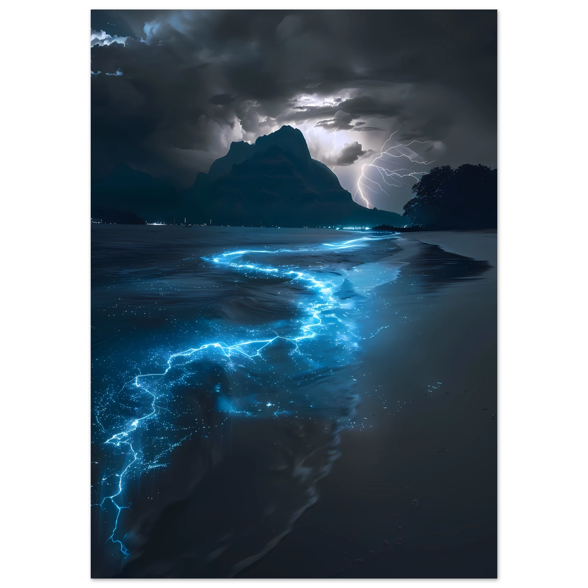 Electric blue glowing ocean waves at night — surreal marine fantasy wall art.